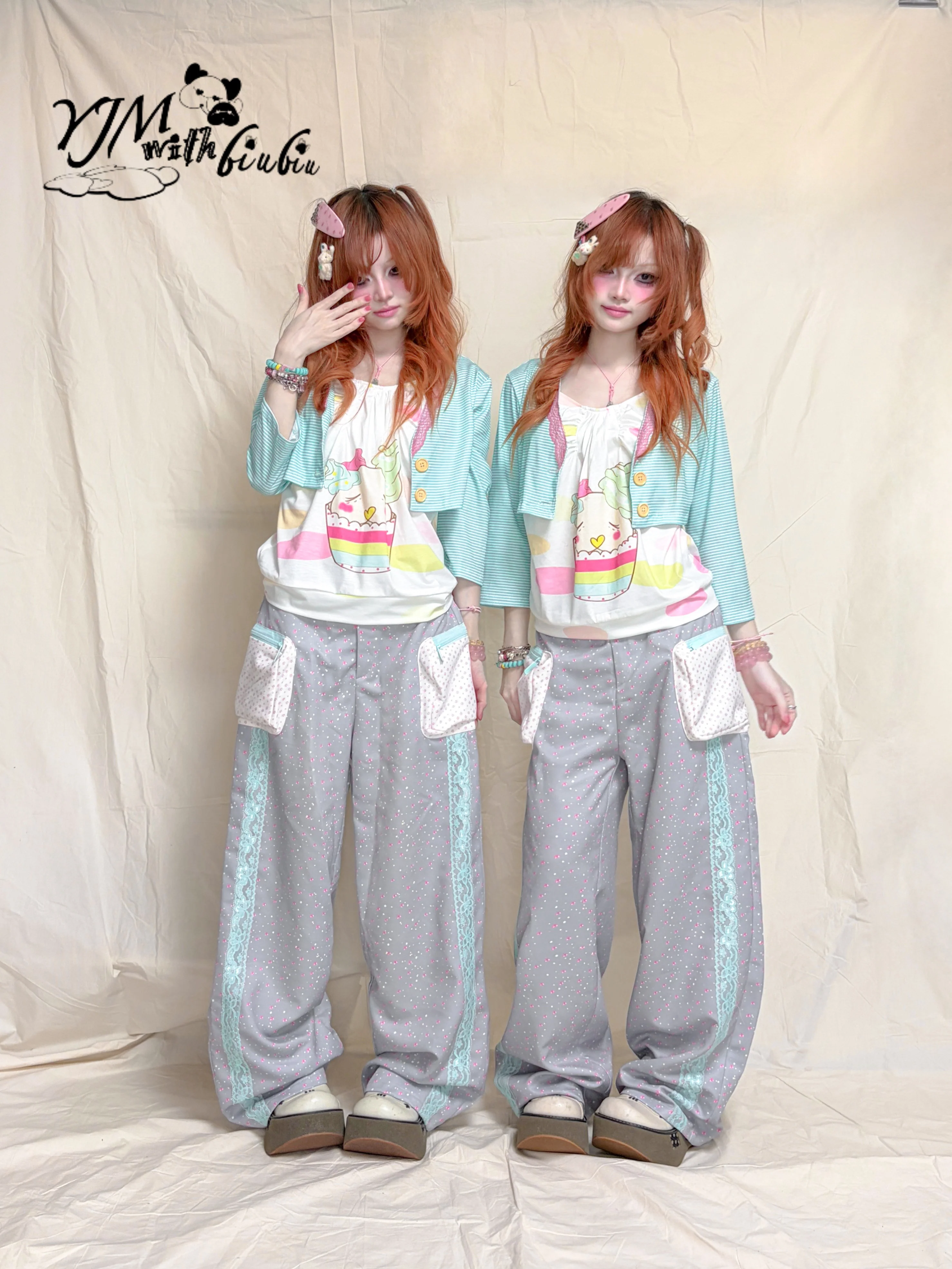 Kawaii Floral Lace Wide-Leg Pants - YJM with biubiu by Land Decora