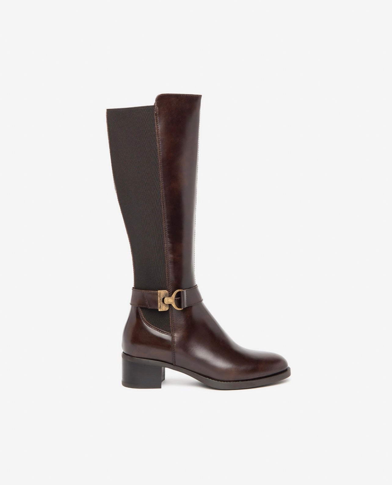 Leather Stretch Buckle Knee Boots in Brown by Sierra Deene