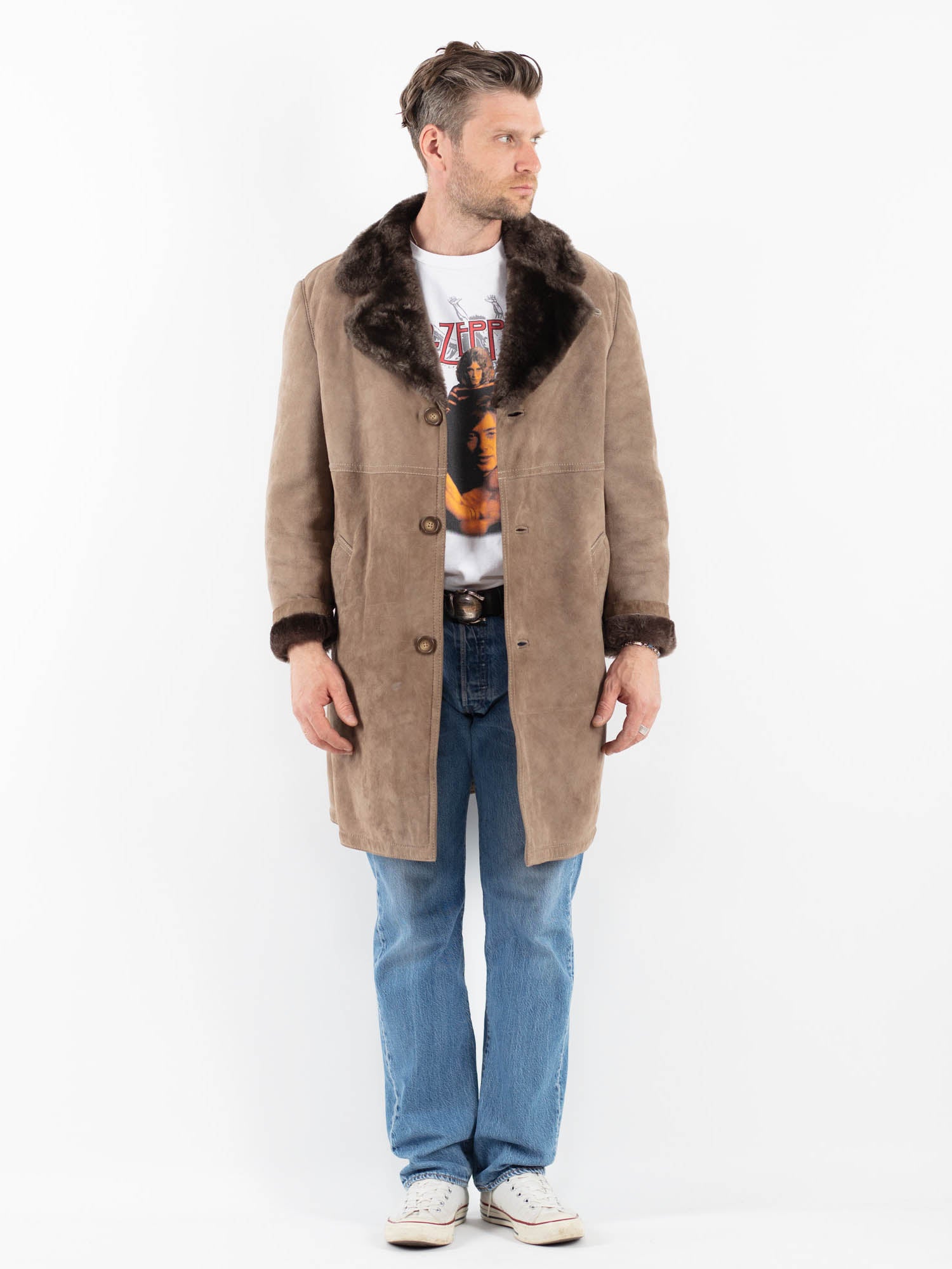 Vintage 70's Men Sheepskin Coat in Beige by Northern Grip