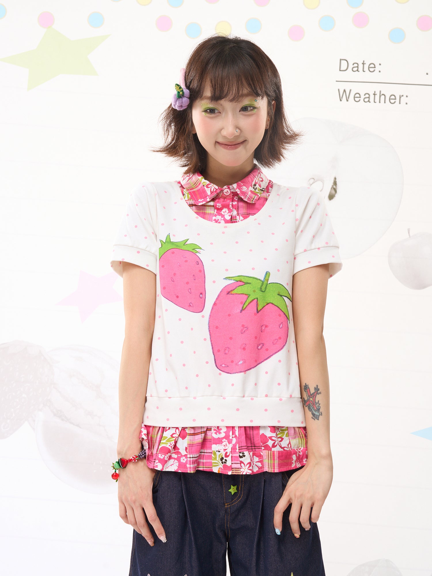FRUITS Strawberry Polka Dot Tee | Patchwork Layered Two-in-One Tee by Land Decora