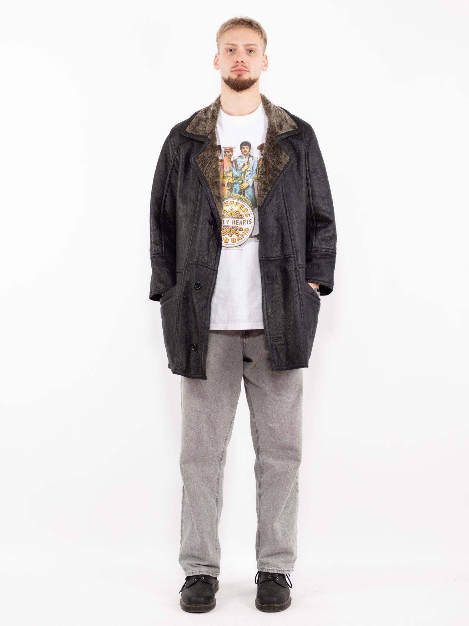 Vintage 90's Men Sheepskin Leather Coat in Black by Northern Grip