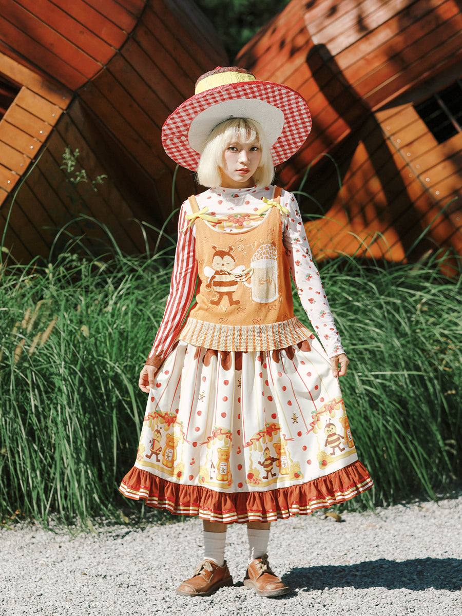 Meugler Bee Berry Handle Print Hand-Painted Skirt with Ribbon Detail, Sweet and Festive Design by Land Decora