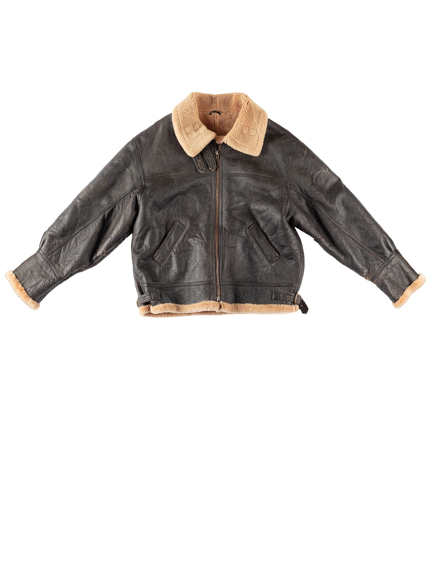 Vintage 80's Men B-3 Style Sheepskin Aviator Bomber Jacket in Brown by Northern Grip