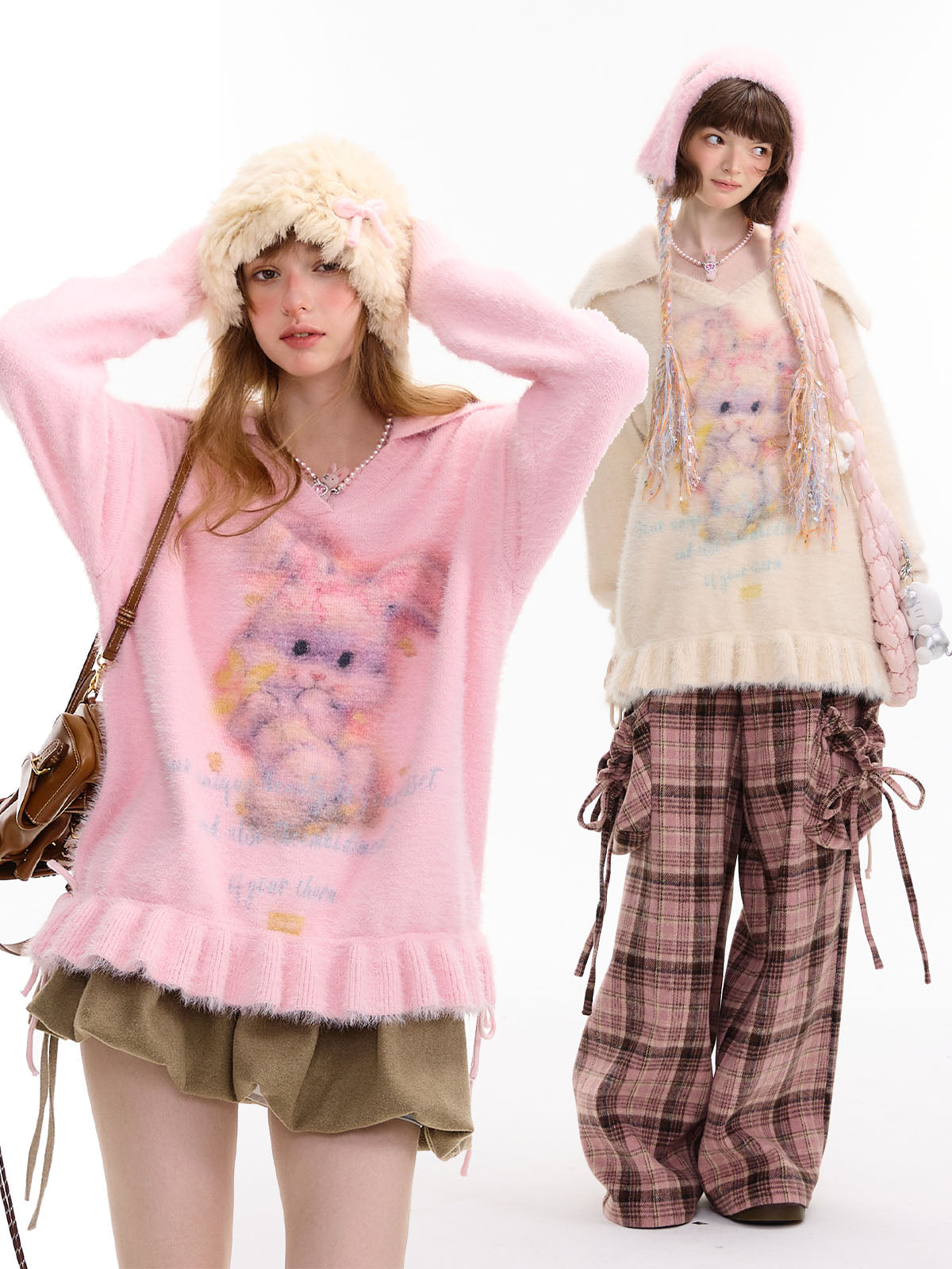 Kawaii V-Neck Bunny Knit Sweater Drawstring Pleated Hem - ziziFei by Land Decora
