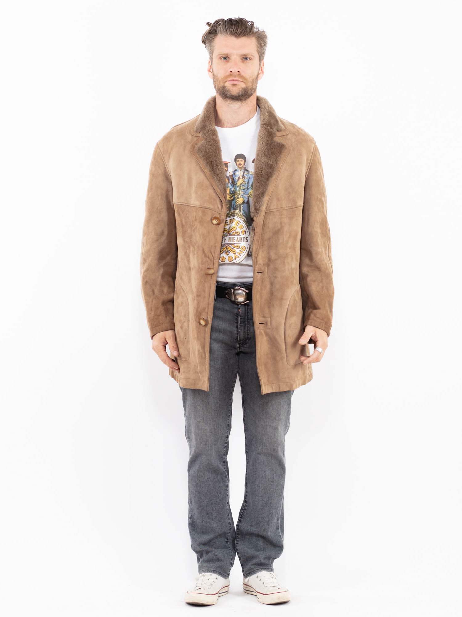 Vintage 80's Men Sheepskin Coat in Beige by Northern Grip