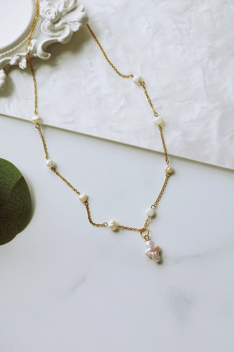 DAINTY BAROQUE PEARL CROSS NECKLACE - (HANDMADE, WATERPROOF, 18K GOLD by RAËLIV