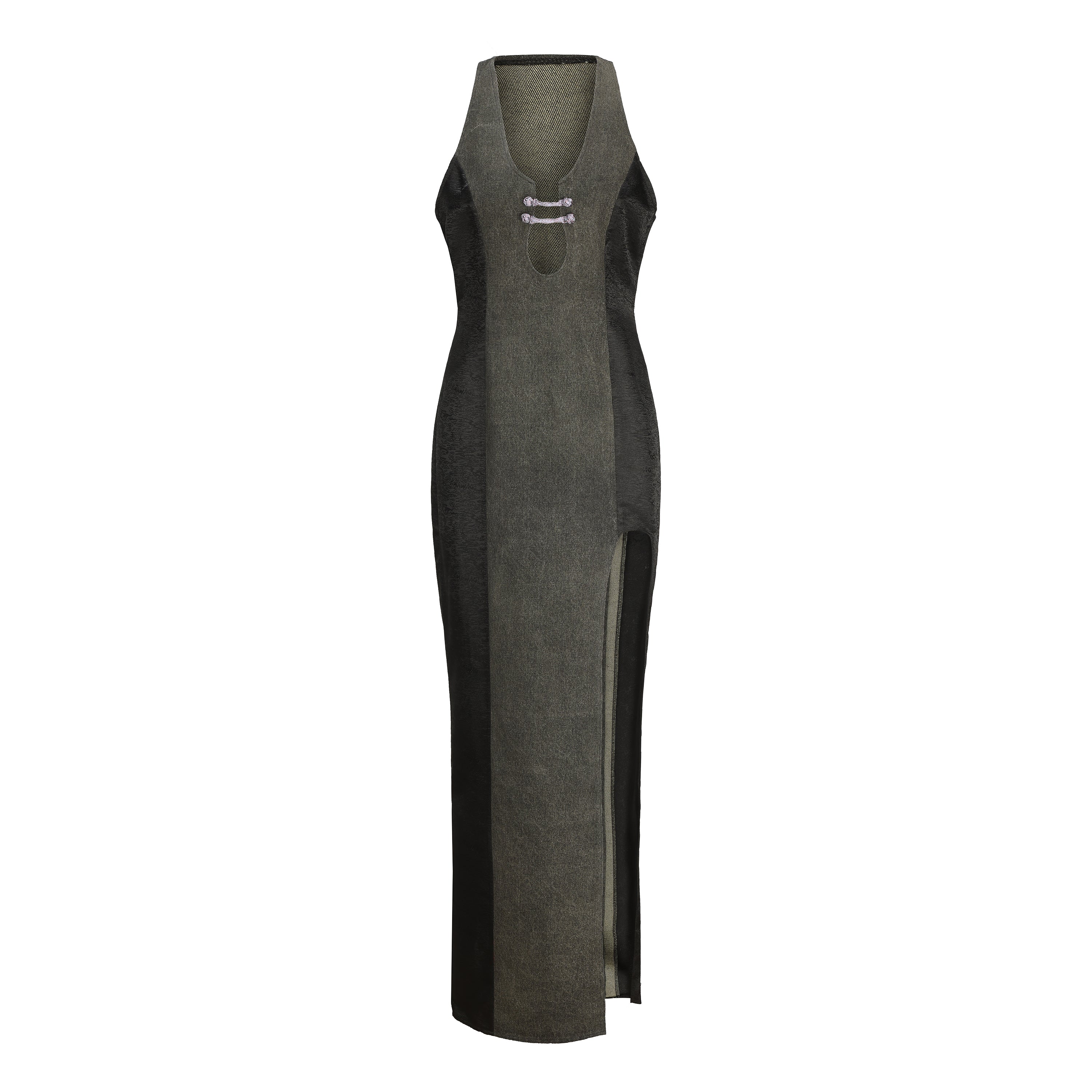 Ru Patch Denim Brocade Maxi Dress by DAWANG