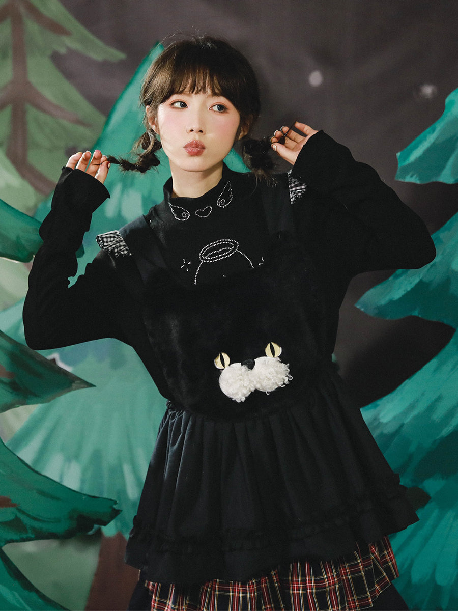 Harajuku Meugler Ultra-Soft Plush Black Cat Lace Apron Vest by Land Decora