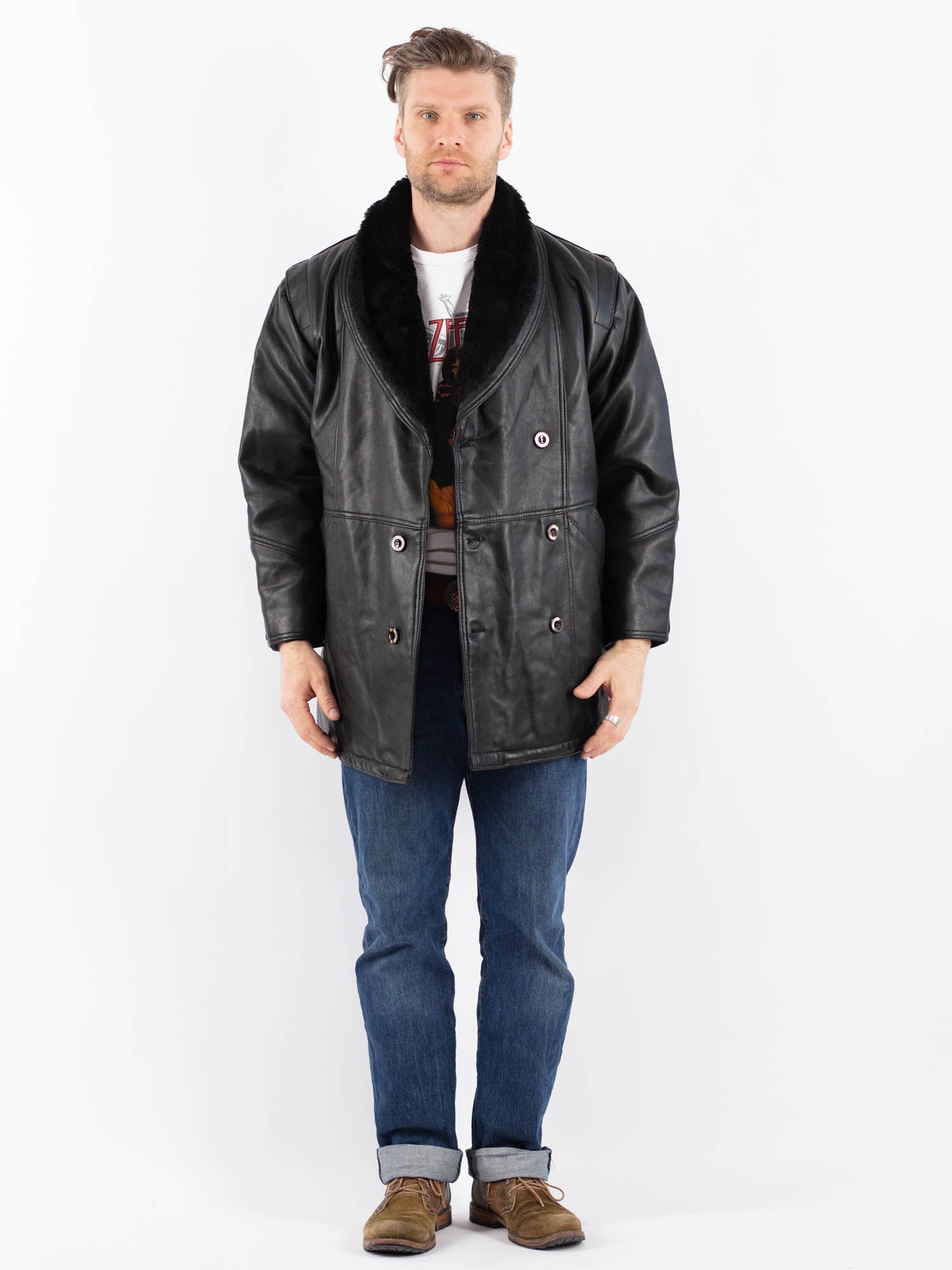 Vintage 90's Men Faux Sheepskin Coat in Black by Northern Grip