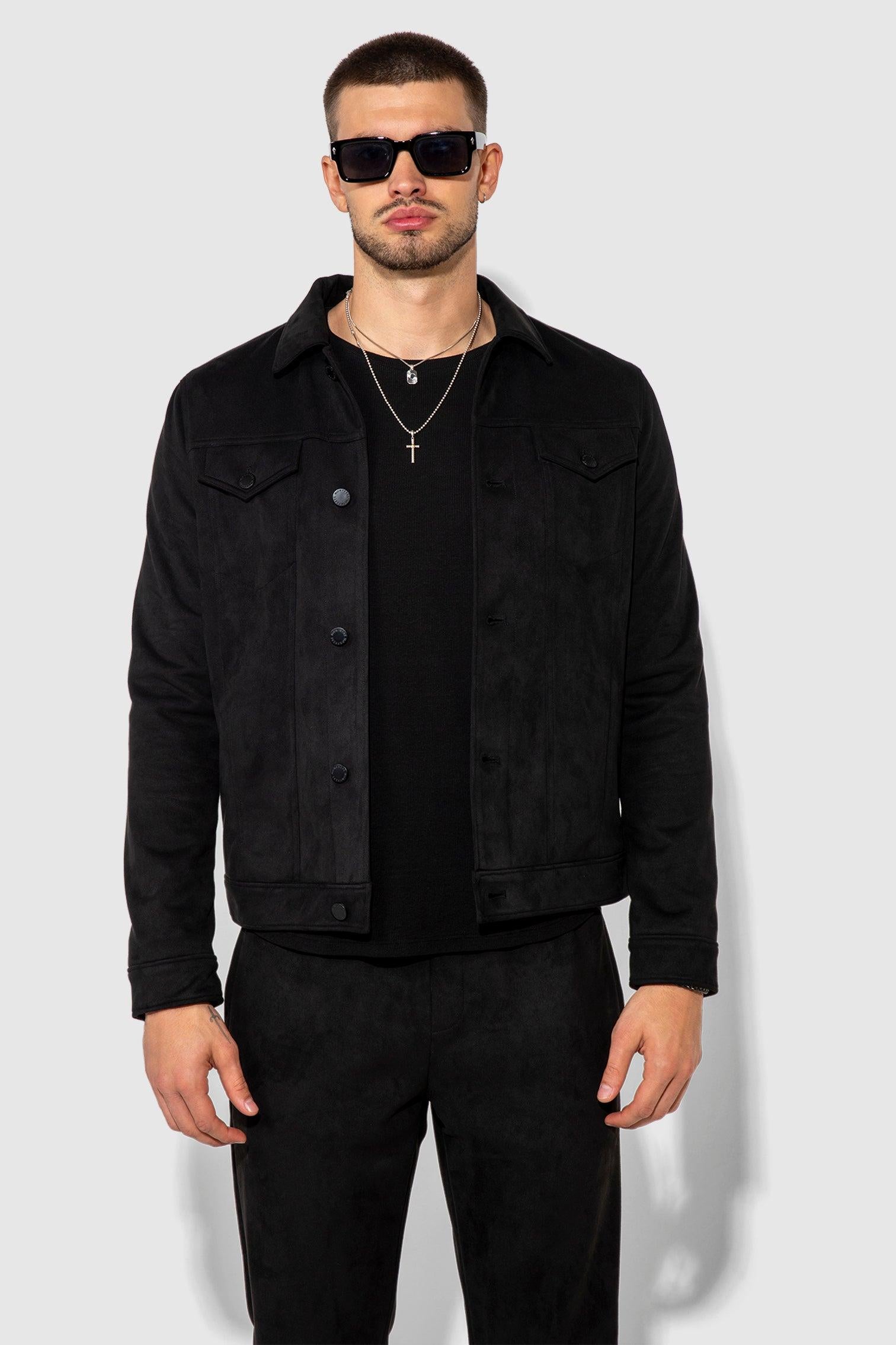 Dean Butter Suede Noir Stretch Trucker Jacket by MONFRERE
