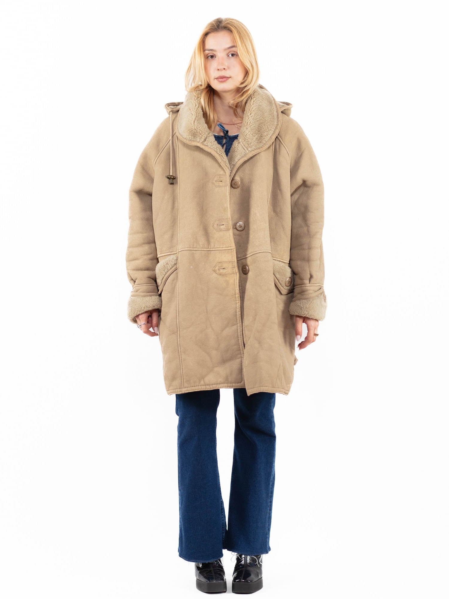 Vintage 90's Women Faux Sheepskin Coat in Beige by Northern Grip