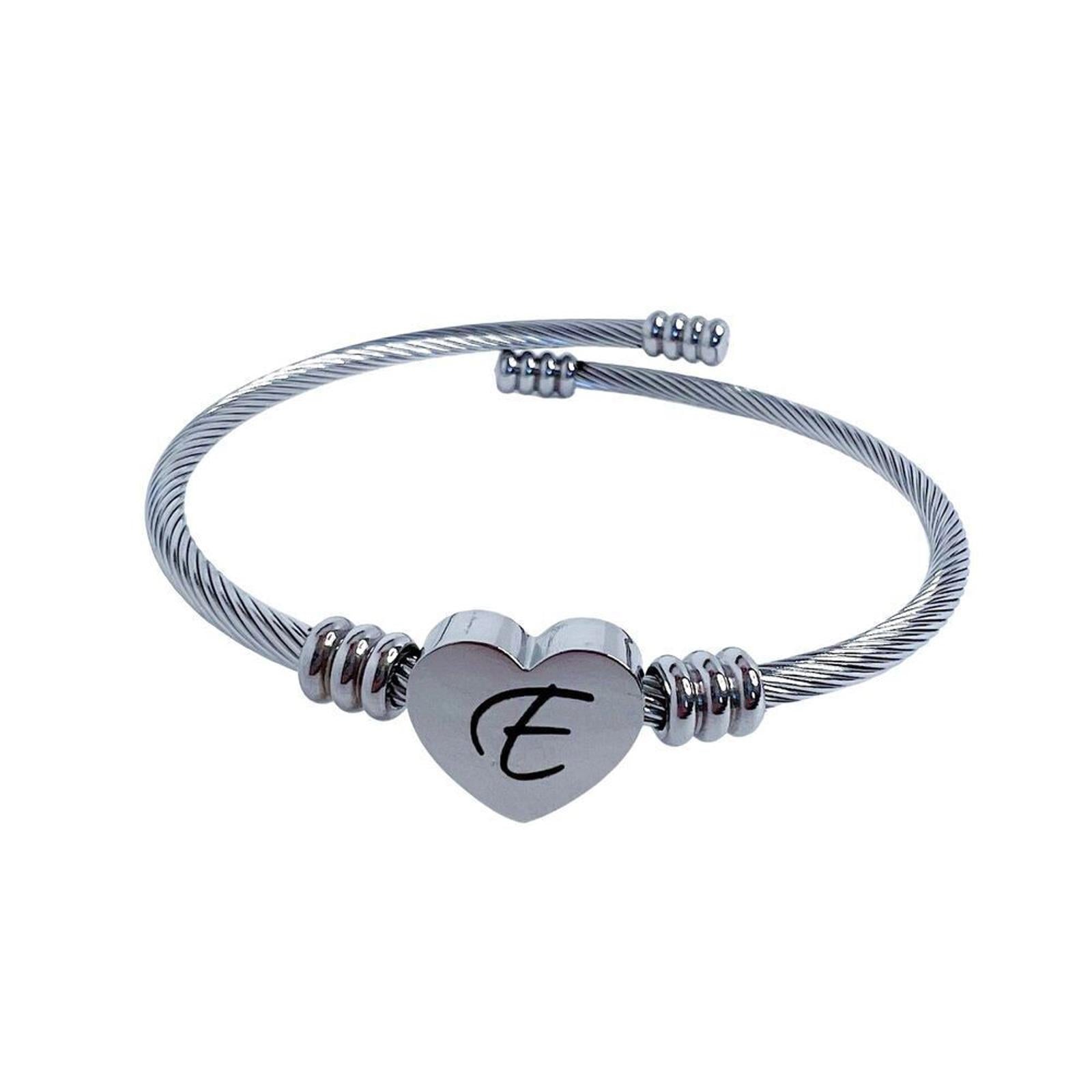 Heart Cable Letter E Initial Bracelet Silver Adjustable Cursive by Hot Girl Secondhand