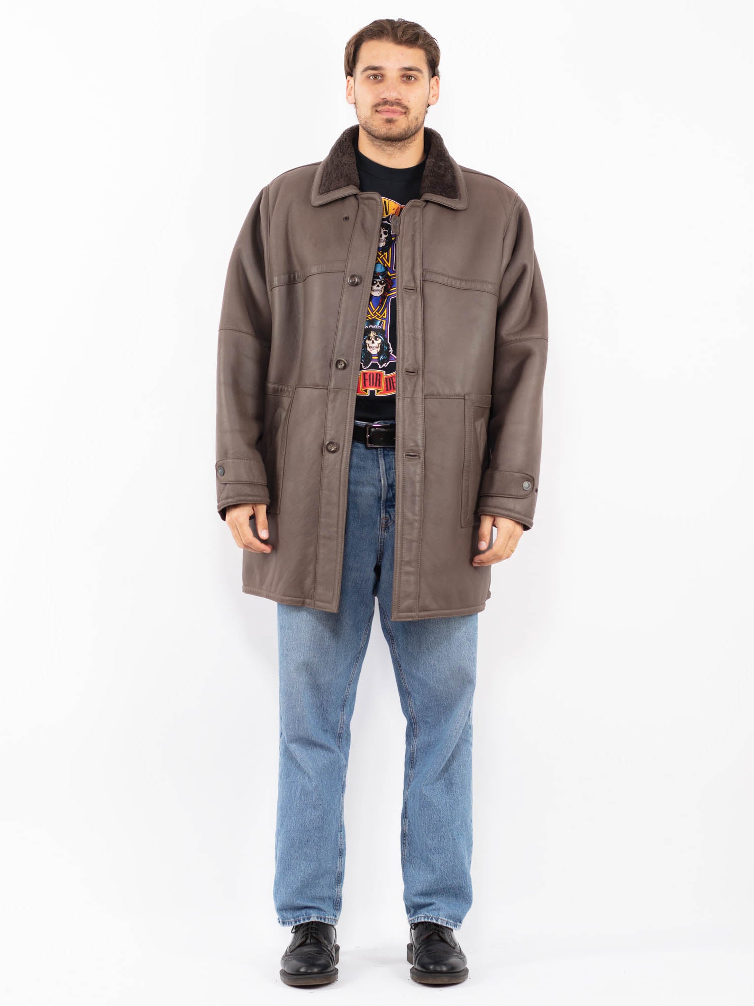 Vintage 80's Men Sheepskin Coat in Gray Brown by Northern Grip