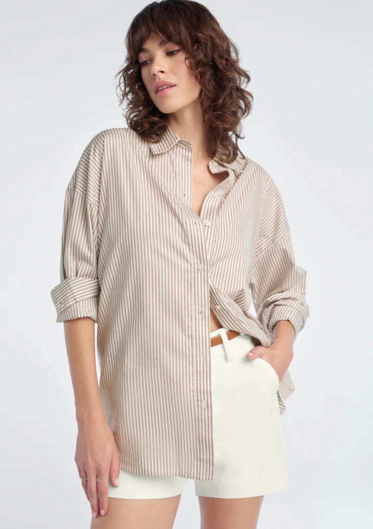 Favorite Daughter The Ex-Boyfriend Shirt in Soft Taupe Stripe by Sierra Deene