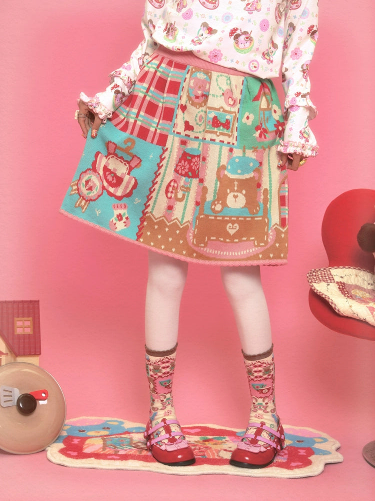 Harajuku Skirt Vintage Bear Reversible Knit Skirt Shell Lace Trim | Lutra Jump by Land Decora