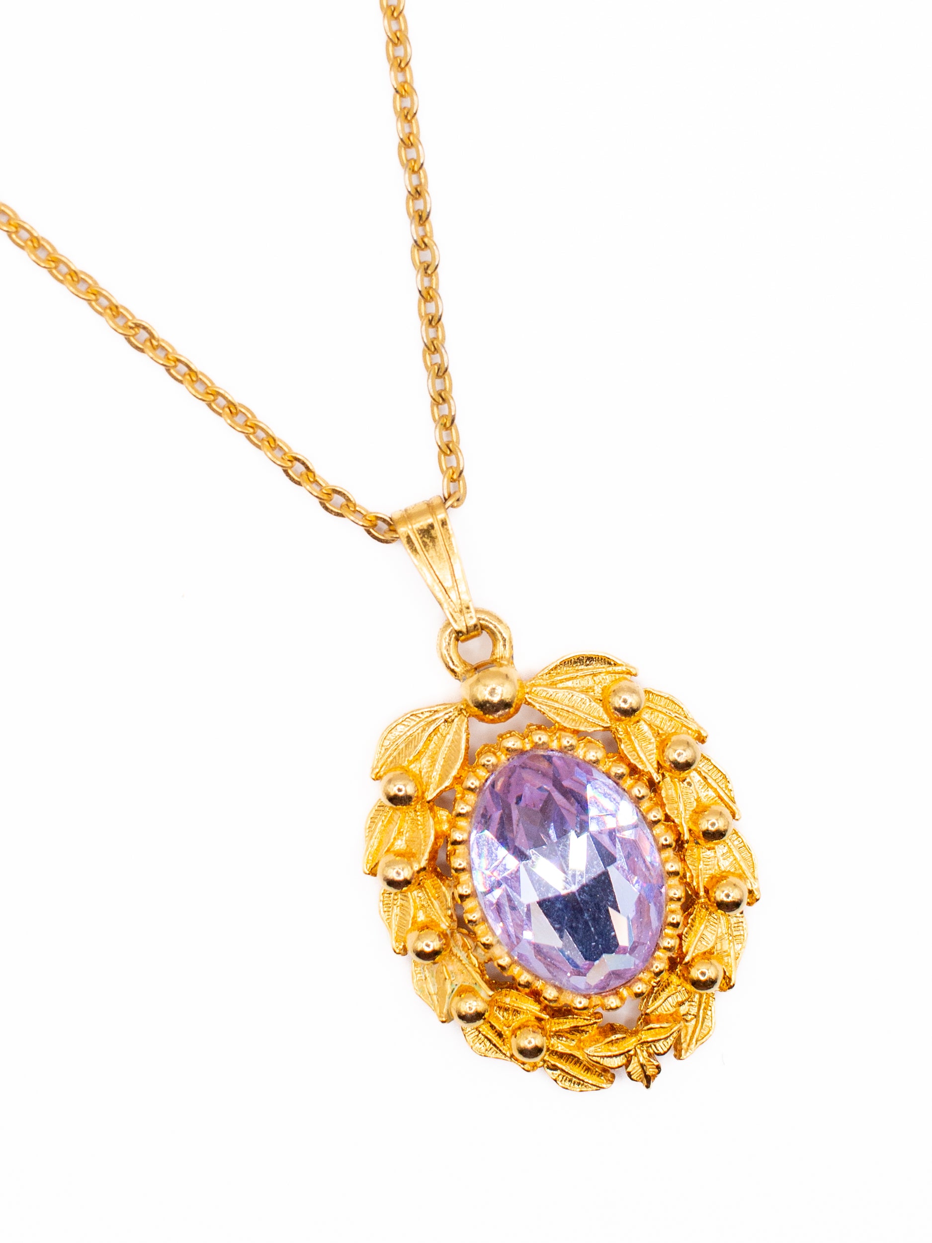 Vintage 90's Gold Tone Purple Crystal Pendant Necklace by Northern Grip