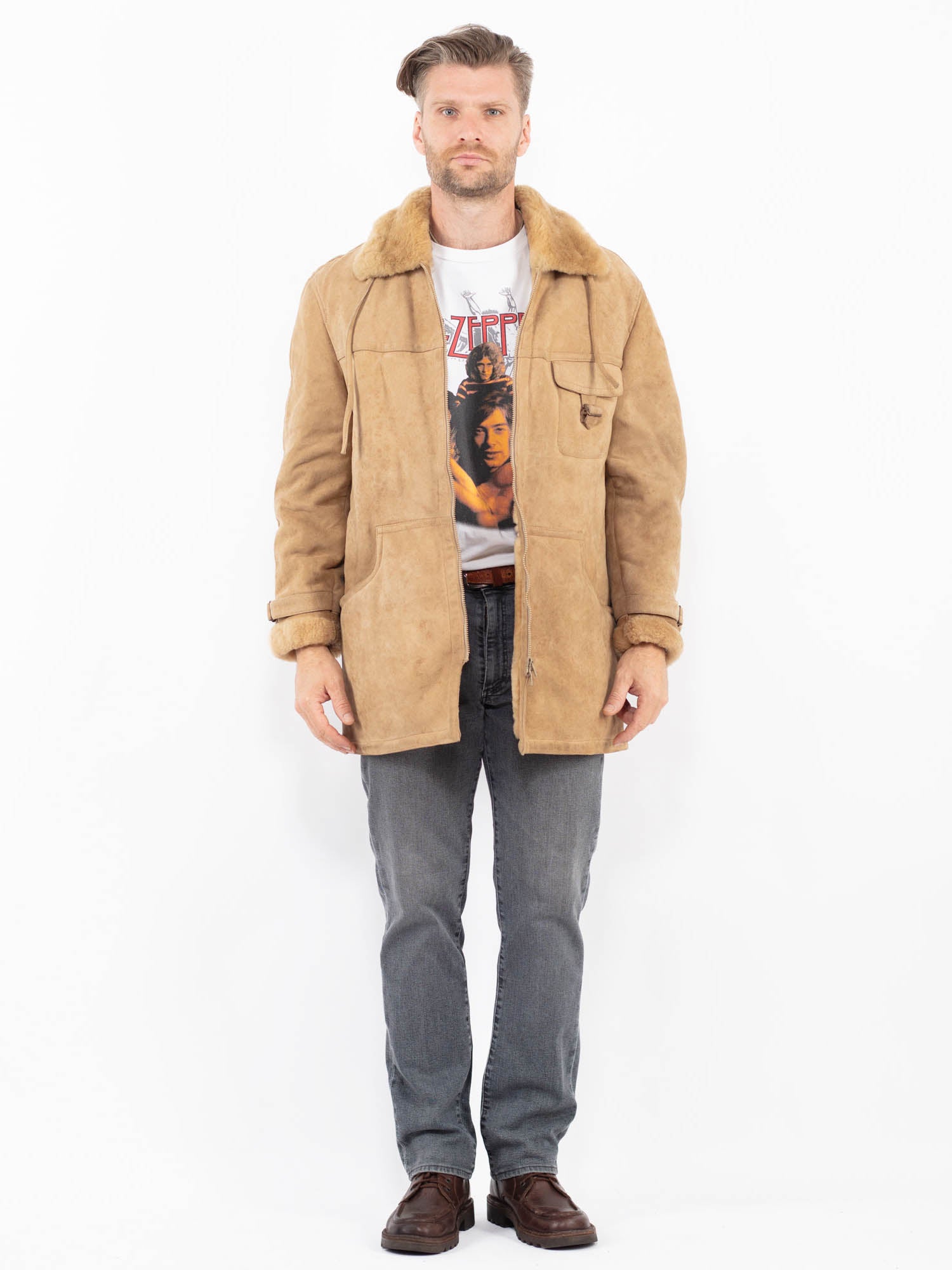 Vintage 80's Men Sheepskin Coat in Beige by Northern Grip