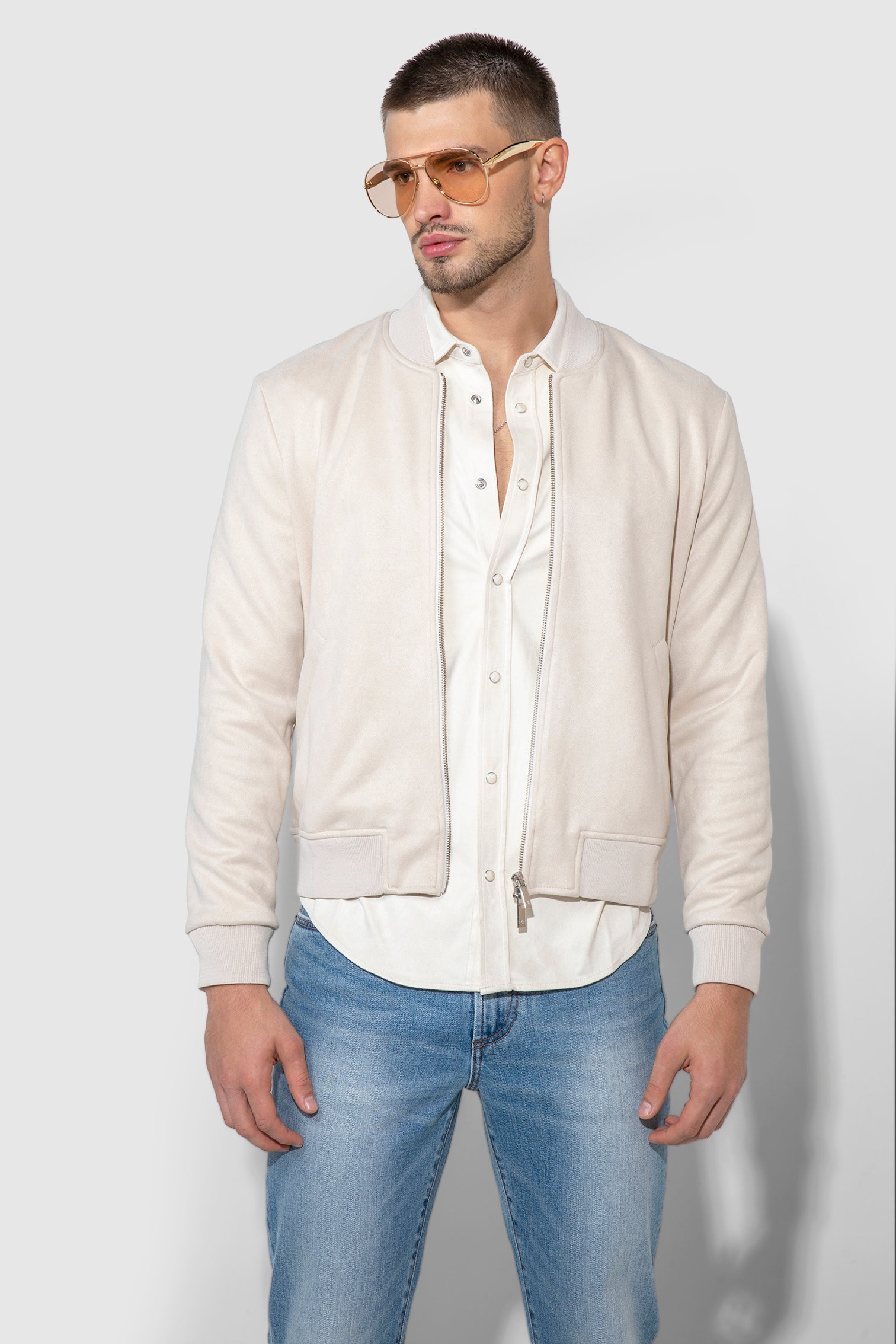 Maverick Butter Suede Taupe Stretch Bomber Jacket by MONFRERE