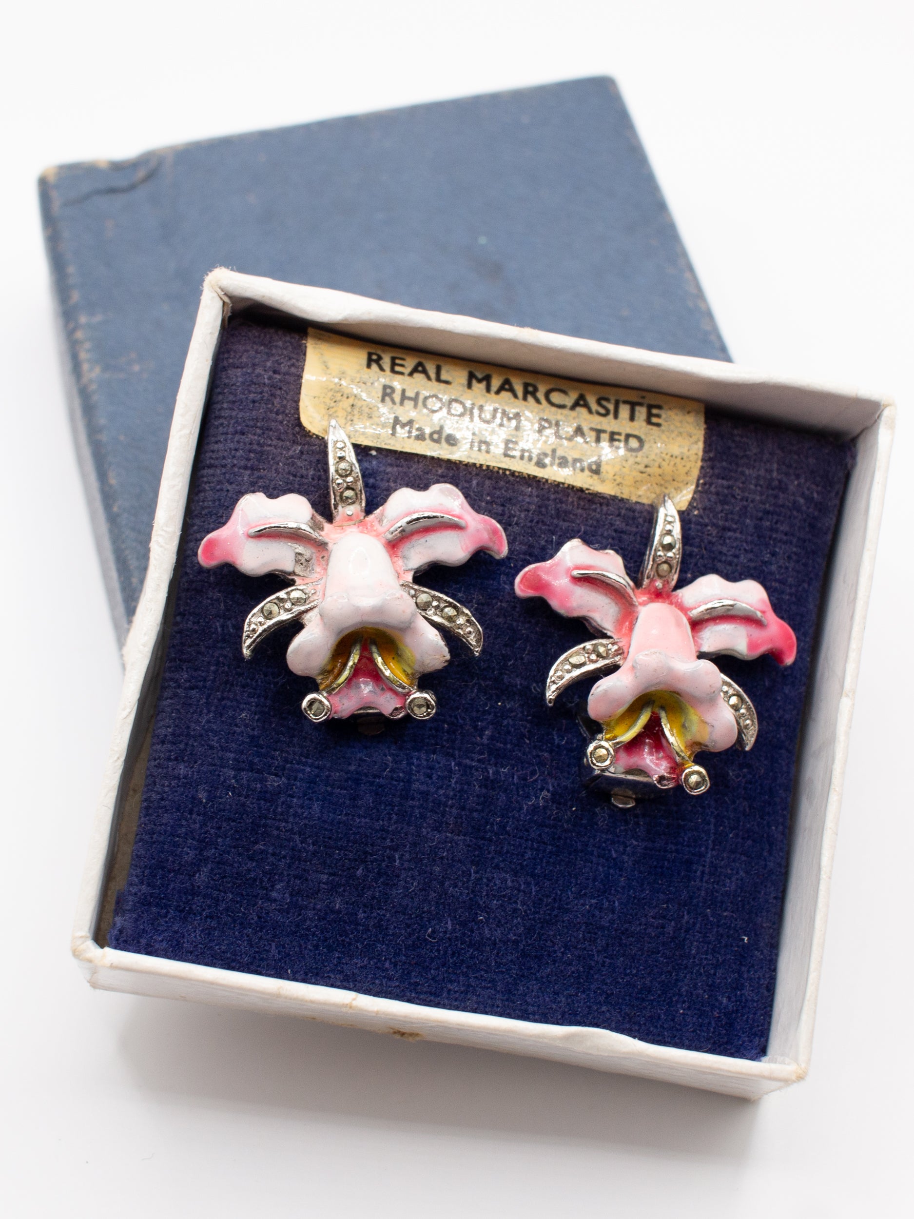 Vintage 50's Enamel Orchid Clip-on Earrings by Northern Grip