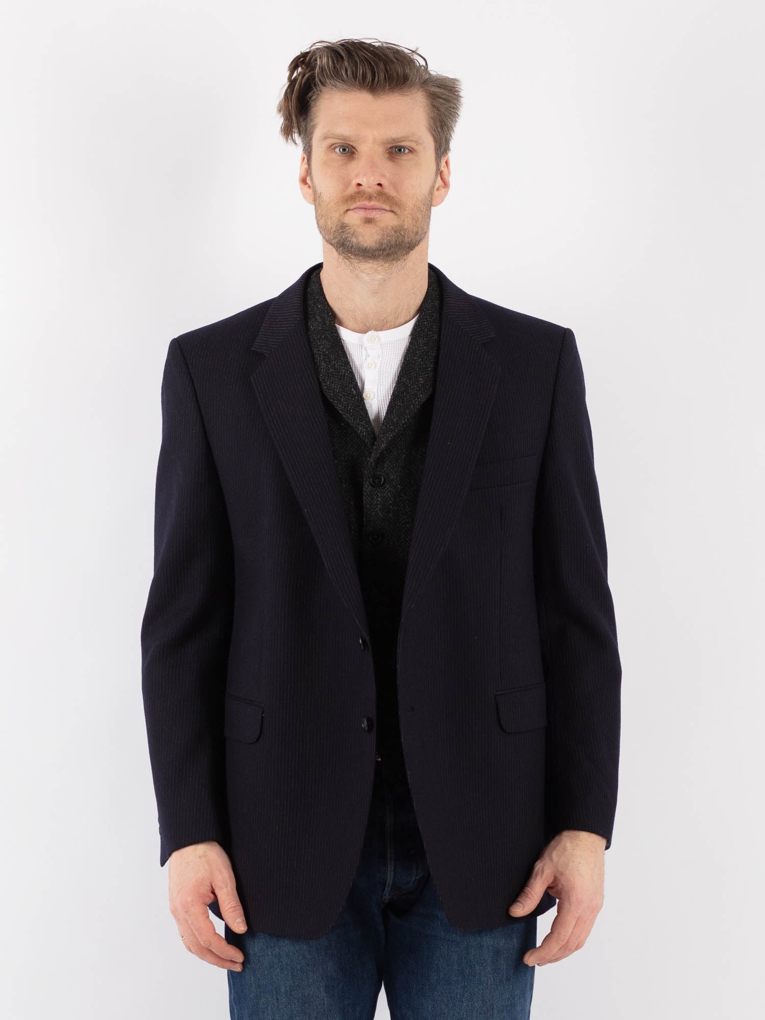 Vintage 80's Men Wool Blazer Jacket in Blue by Northern Grip