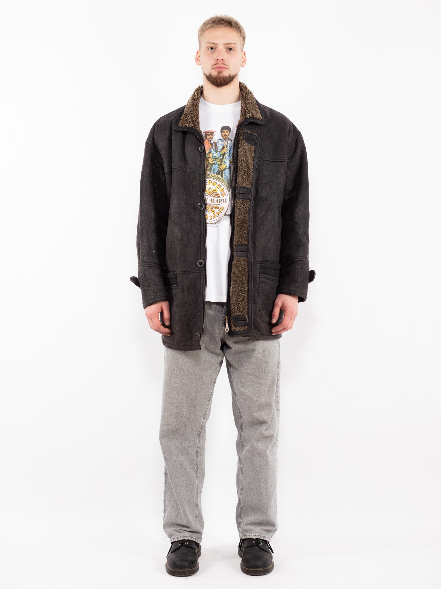 Vintage 90's Men Sheepskin Leather Coat in Black by Northern Grip