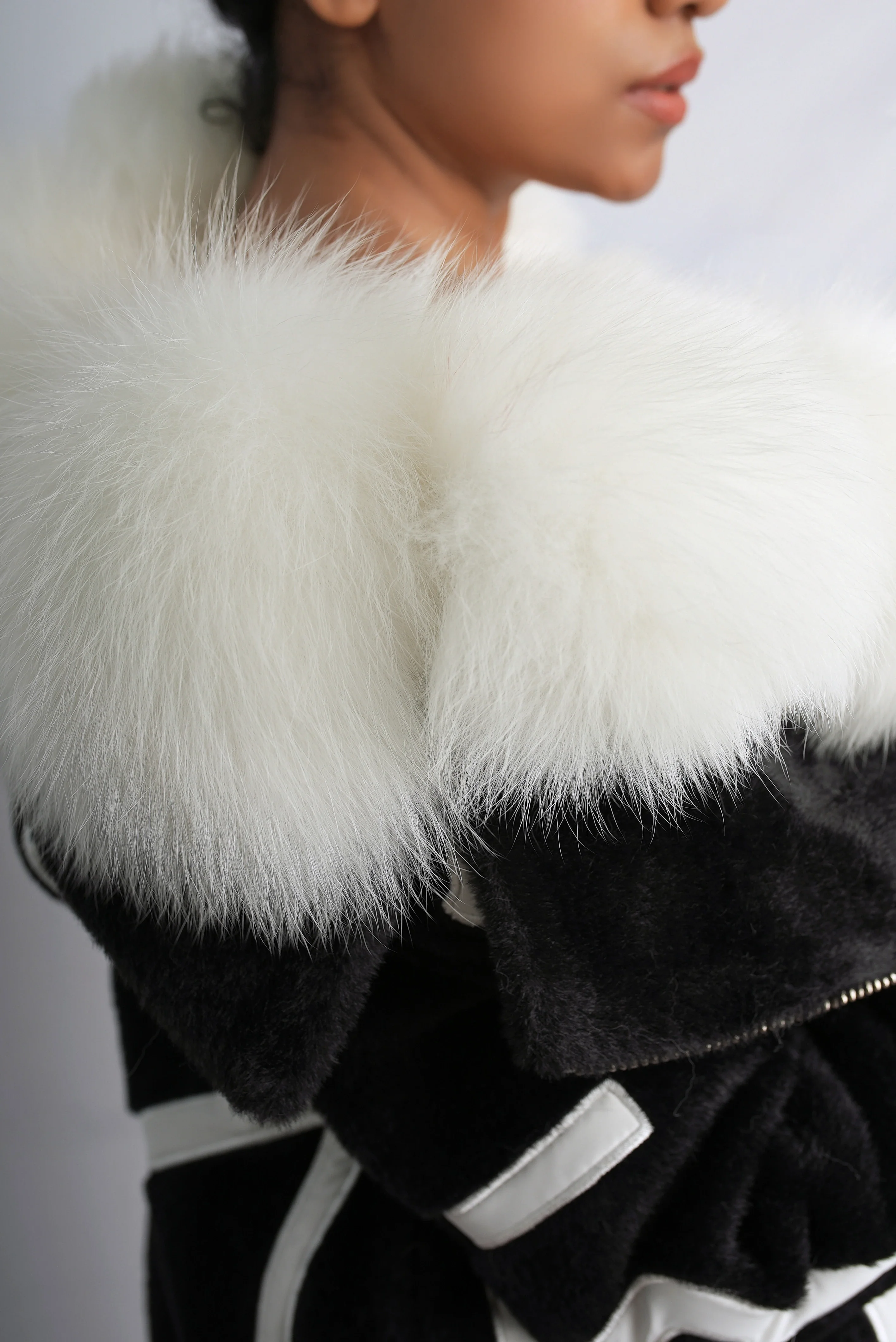 Monochrome Chic Jacket with Detachable Fox Fur Collar by Kolleen Boutique