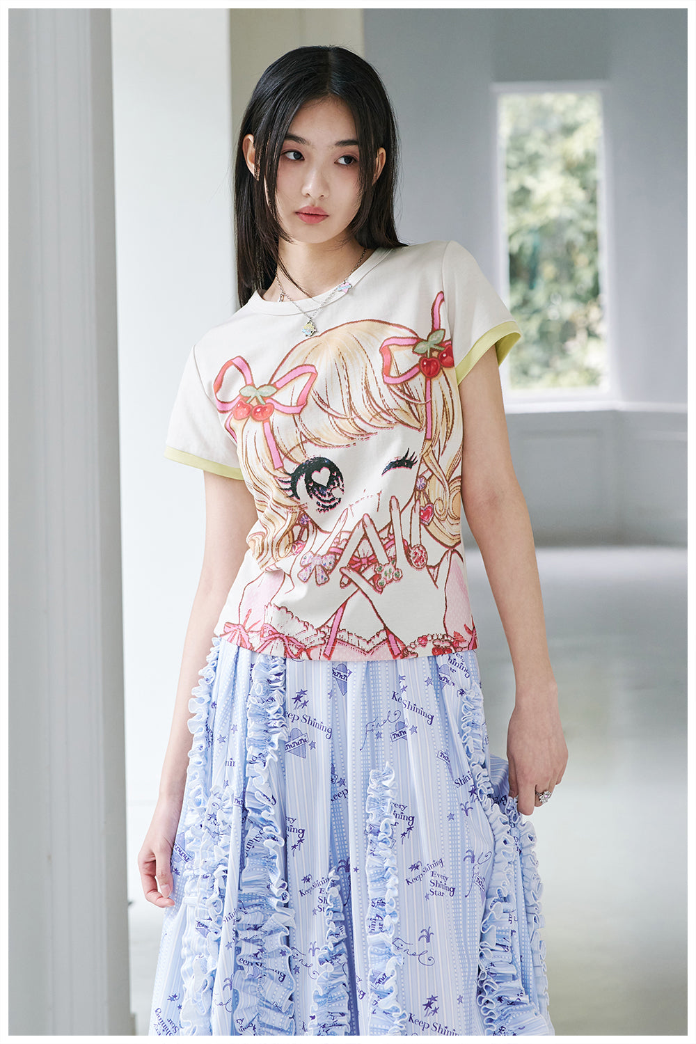 tntntutu Beige T-shirt | Cute Girl Print Tee | Short Sleeve Vintage T- by Land Decora