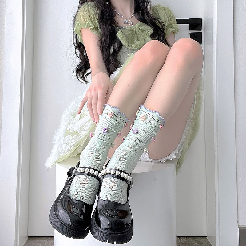 2 Bears Candy Color Socks | Rose Flower Socks | Lace Hollow Ruched Soc by Land Decora