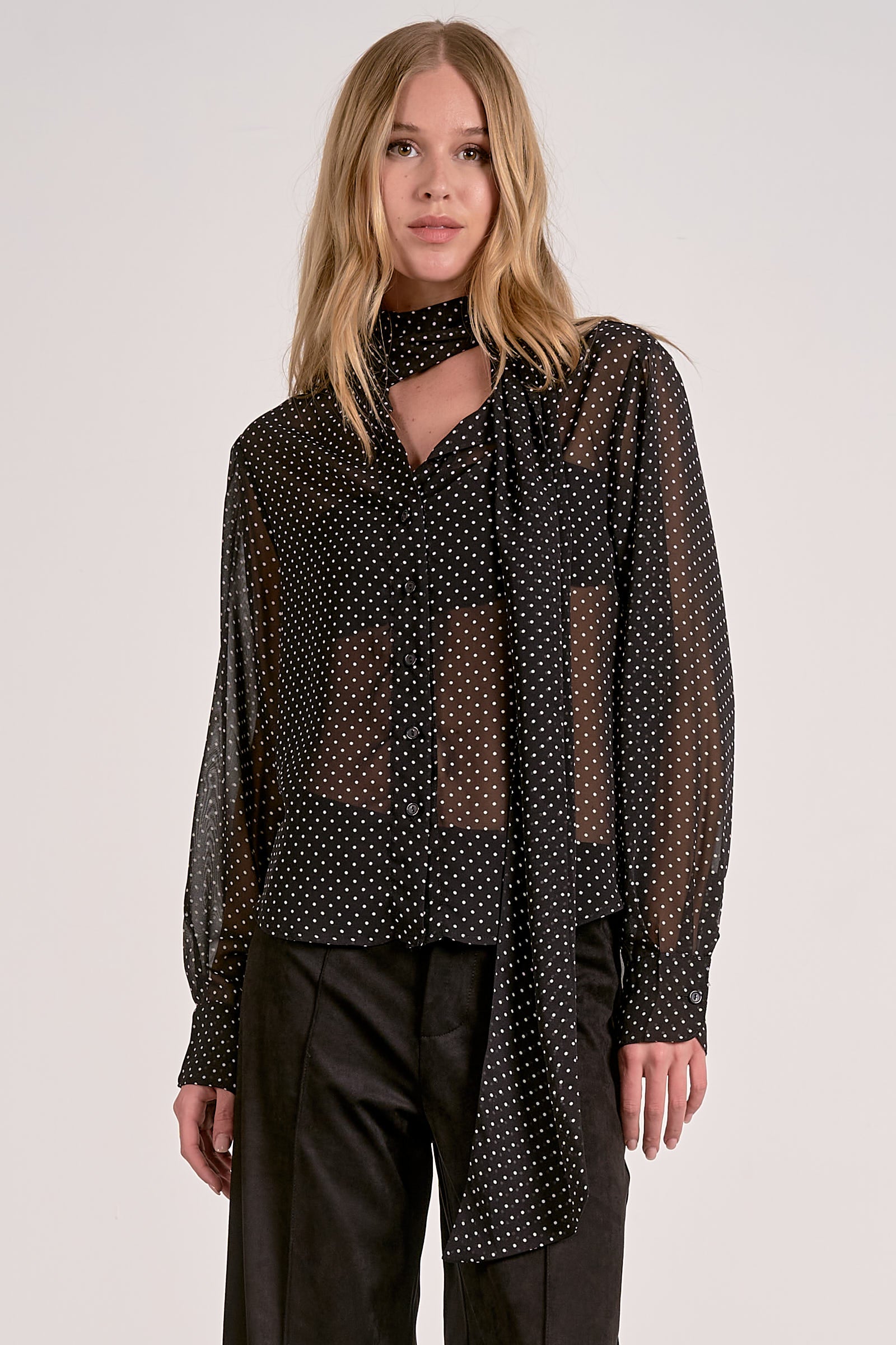 Elan Polka Dot Neck Tie Blouse by Sierra Deene