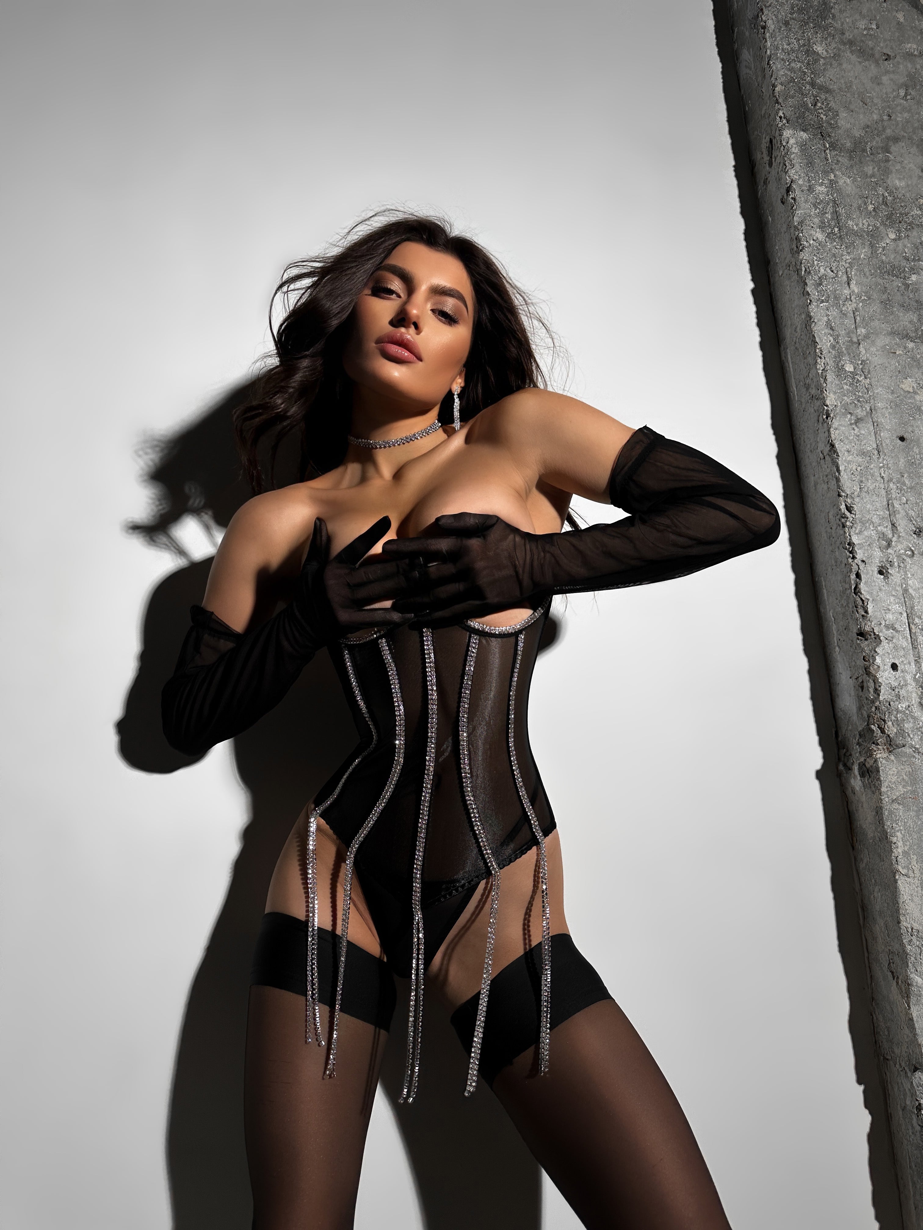Diamond Crystal Embellished Cupless Underwire Corset in Black by MERIEL
