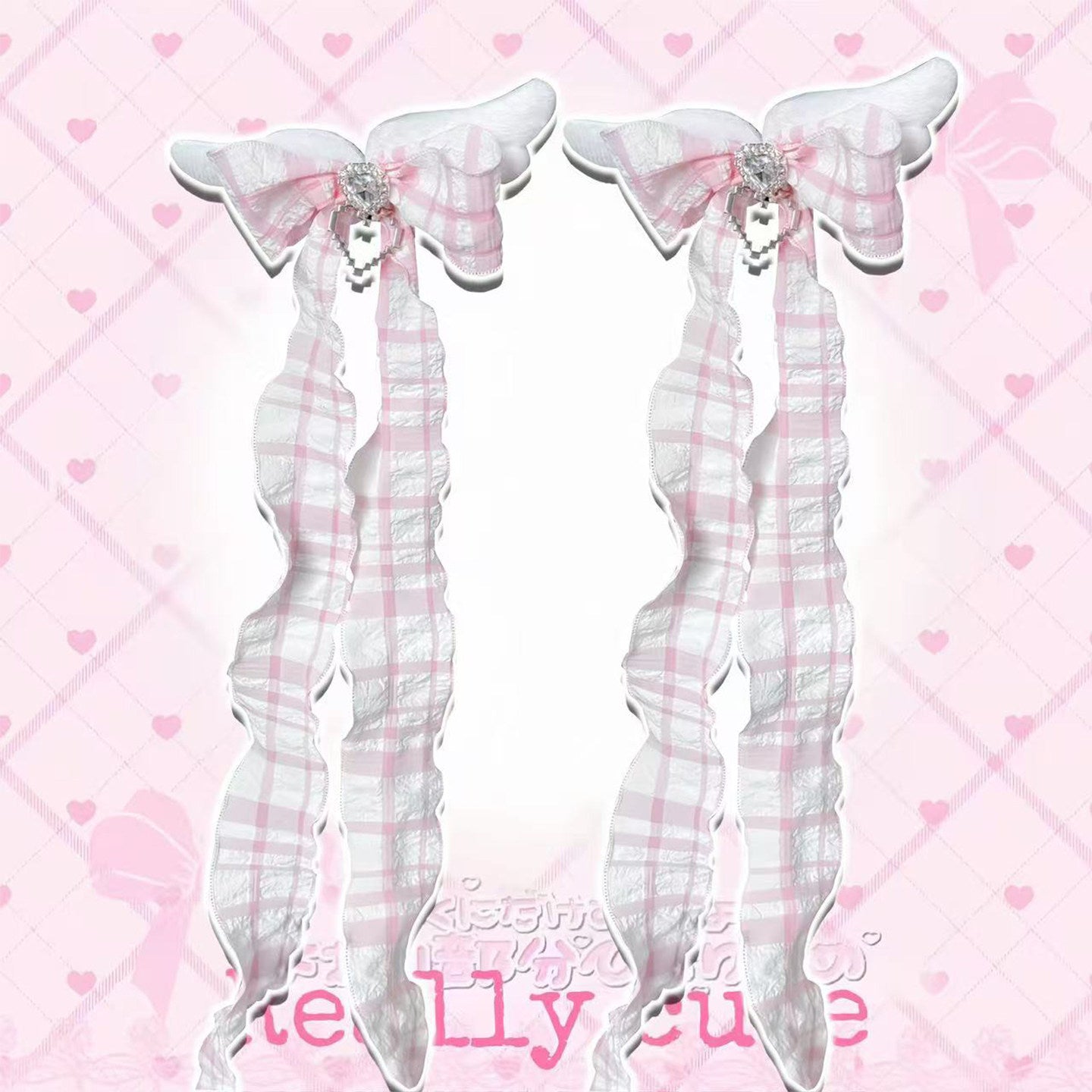 Kawaii Angel Wing Hair Clips - Pink Plaid by Land Decora