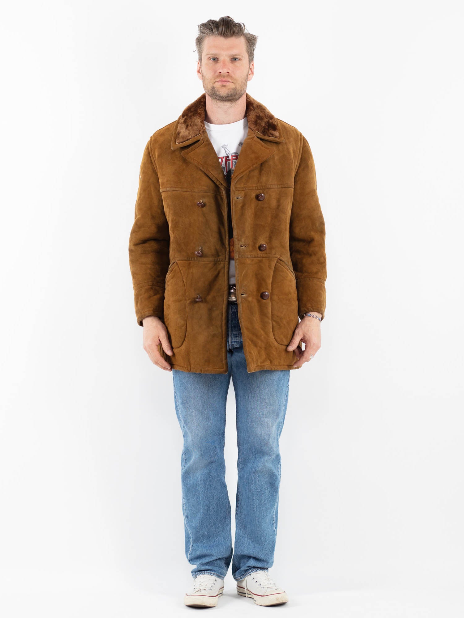Vintage 80's Men Sheepskin Coat in Brown by Northern Grip