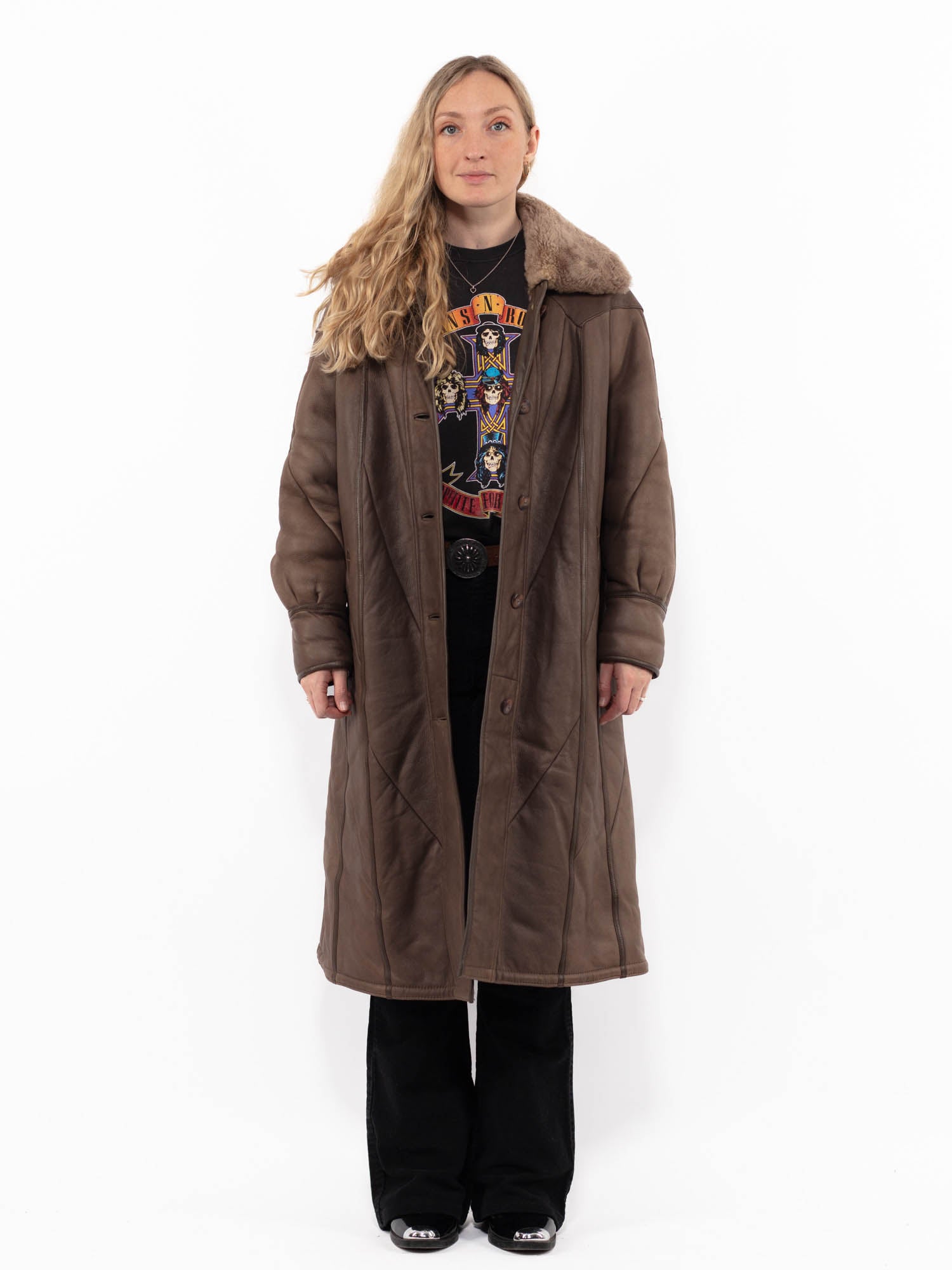 Vintage 80's Women Sheepskin Long Coat in Brown by Northern Grip