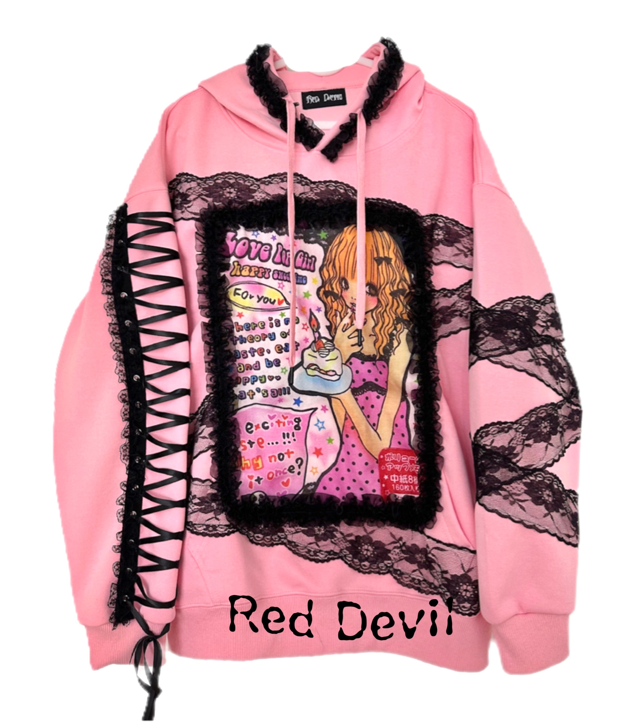 Red Devil Hoodie Y2K Sweetheart Lace Plus Size Hoodie Decora Kei Hoodi by Land Decora