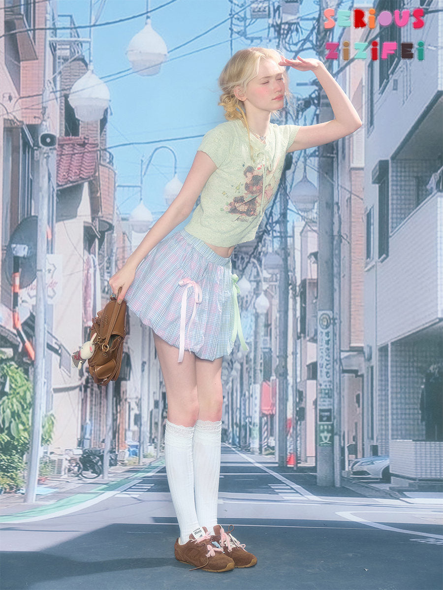 Kawaii Plaid Bow Mini Skirt - ziziFei by Land Decora