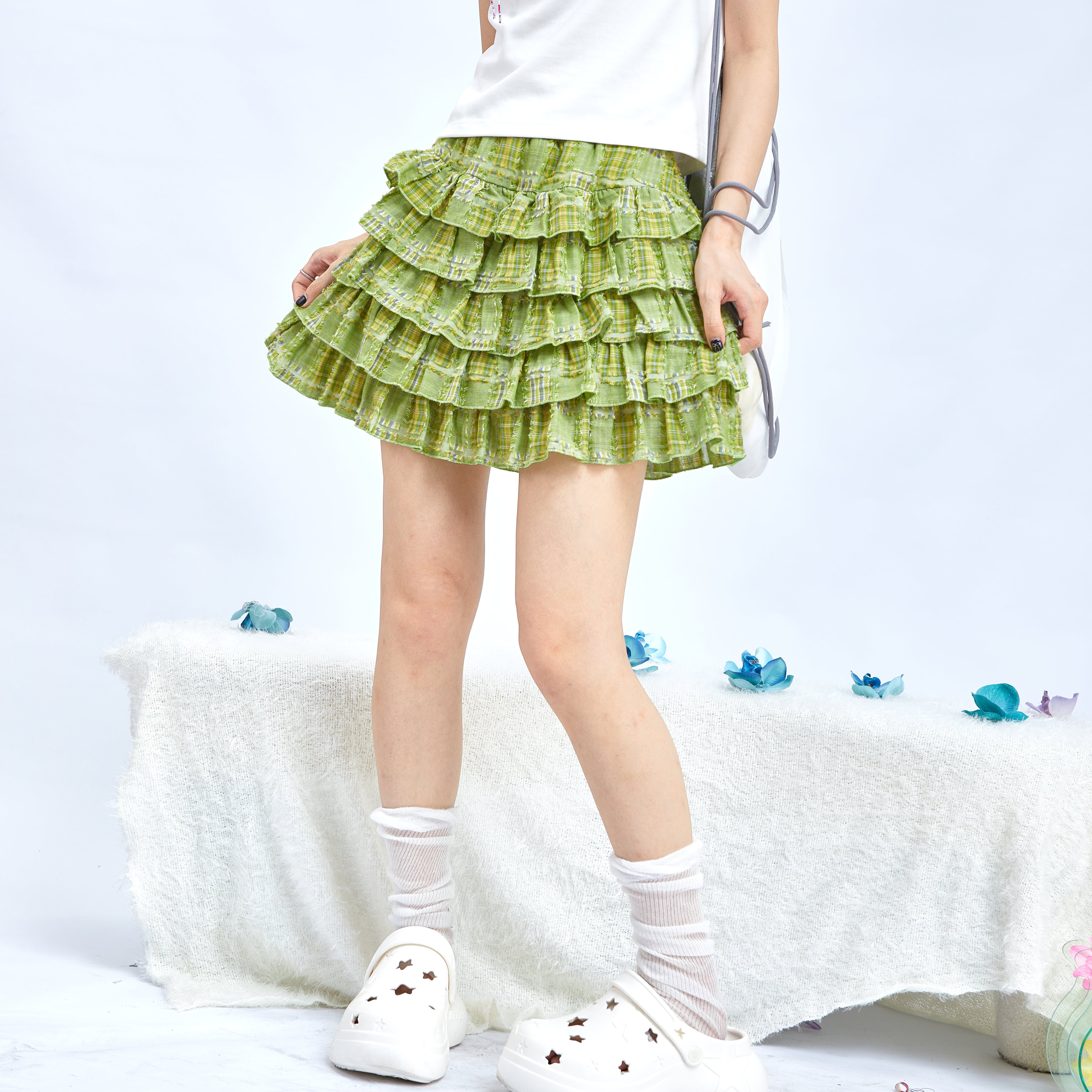 Harajuku Fashion Green Skirt Vintage Tiered Skirt – Summer Cotton Ruffle Mini | Moon Meadow by Land Decora