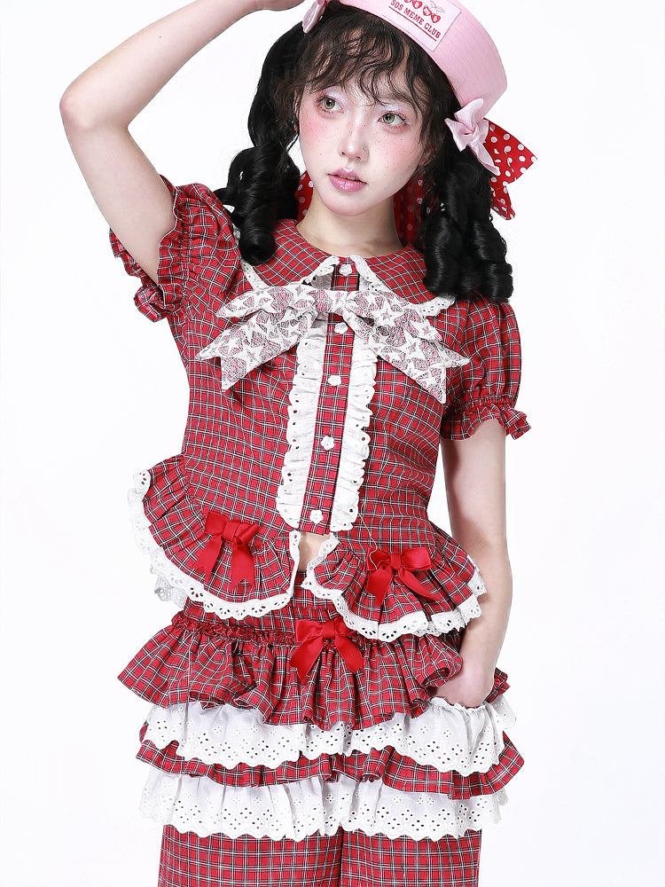 Kawaii Red Plaid Short Sleeve Shirt - Showa Lace Bow - SOS MEME CLUB by Land Decora