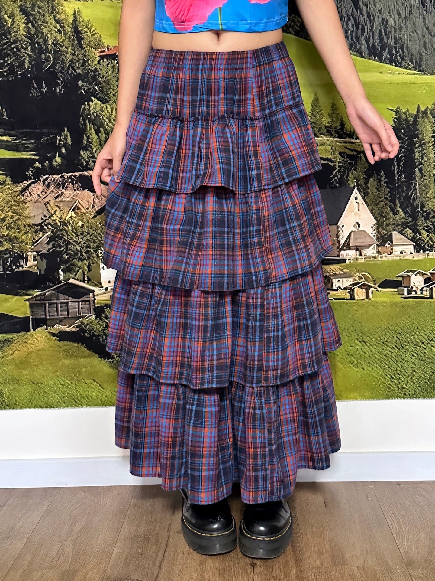 Harajuku Plaid Layered Long Skirt with Elastic Waist - BunnyBunnyGun by Land Decora
