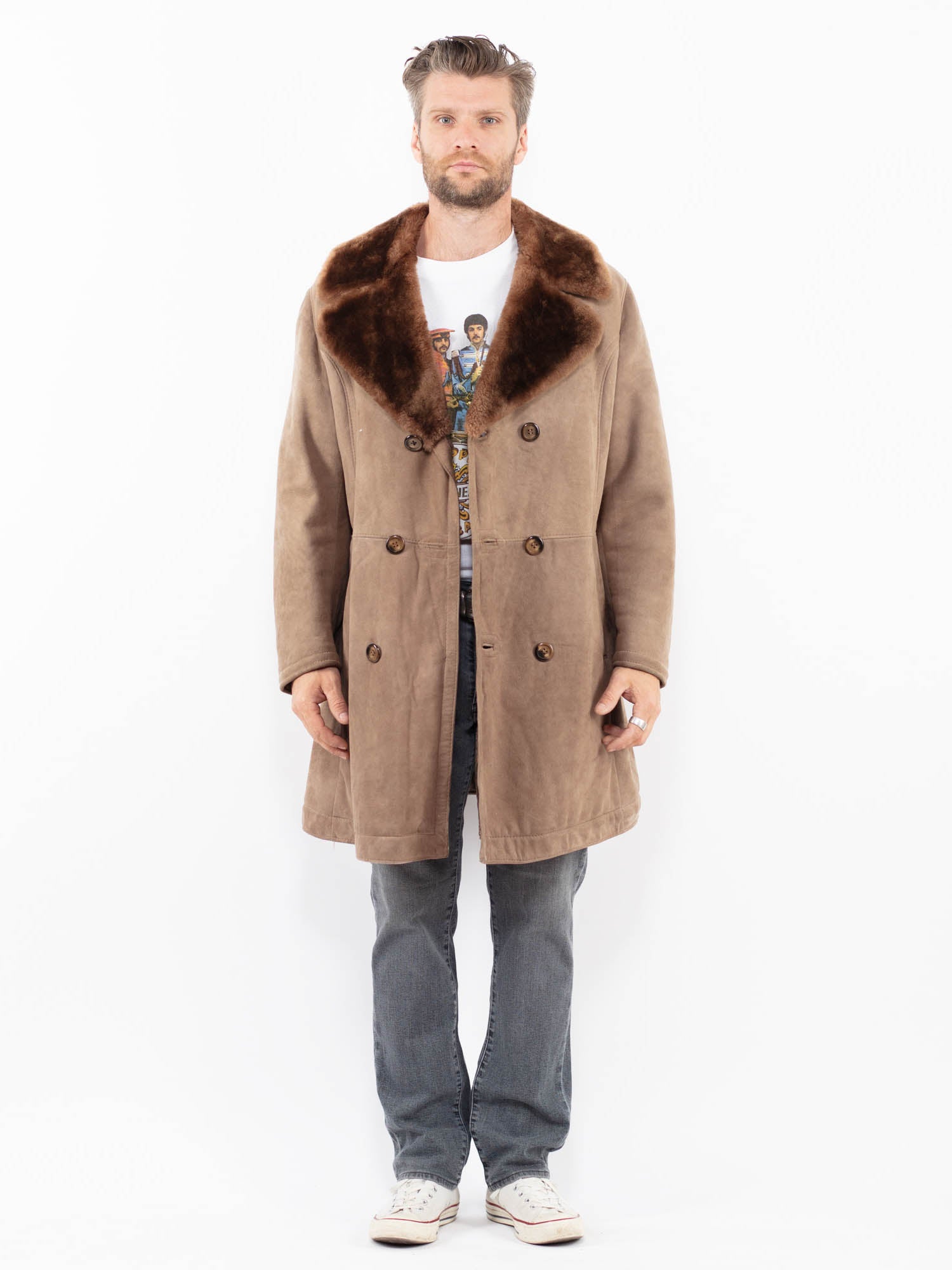 Vintage 70's Men Sheepskin Coat in Beige by Northern Grip