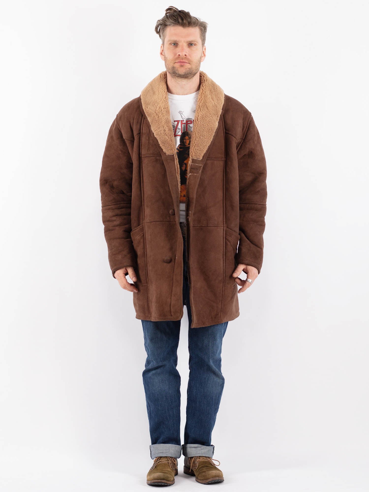 Vintage 80's Men Sheepskin Shearling Coat in Brown by Northern Grip
