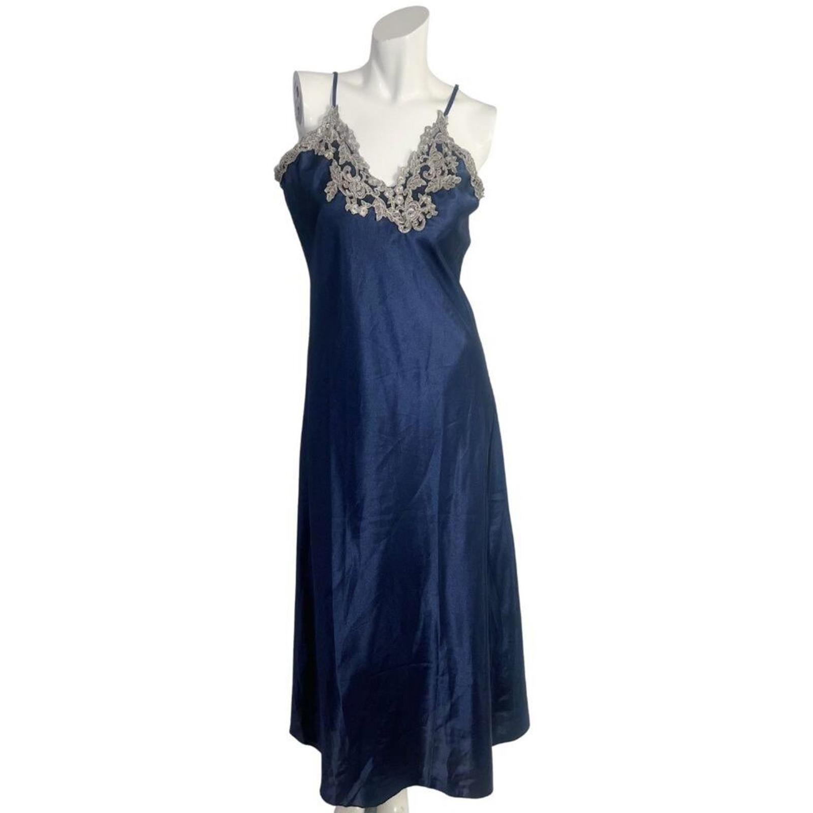 Navy Blue Satin Slip Dress Maxi Dress Silver Lace Women's Size L by Hot Girl Secondhand