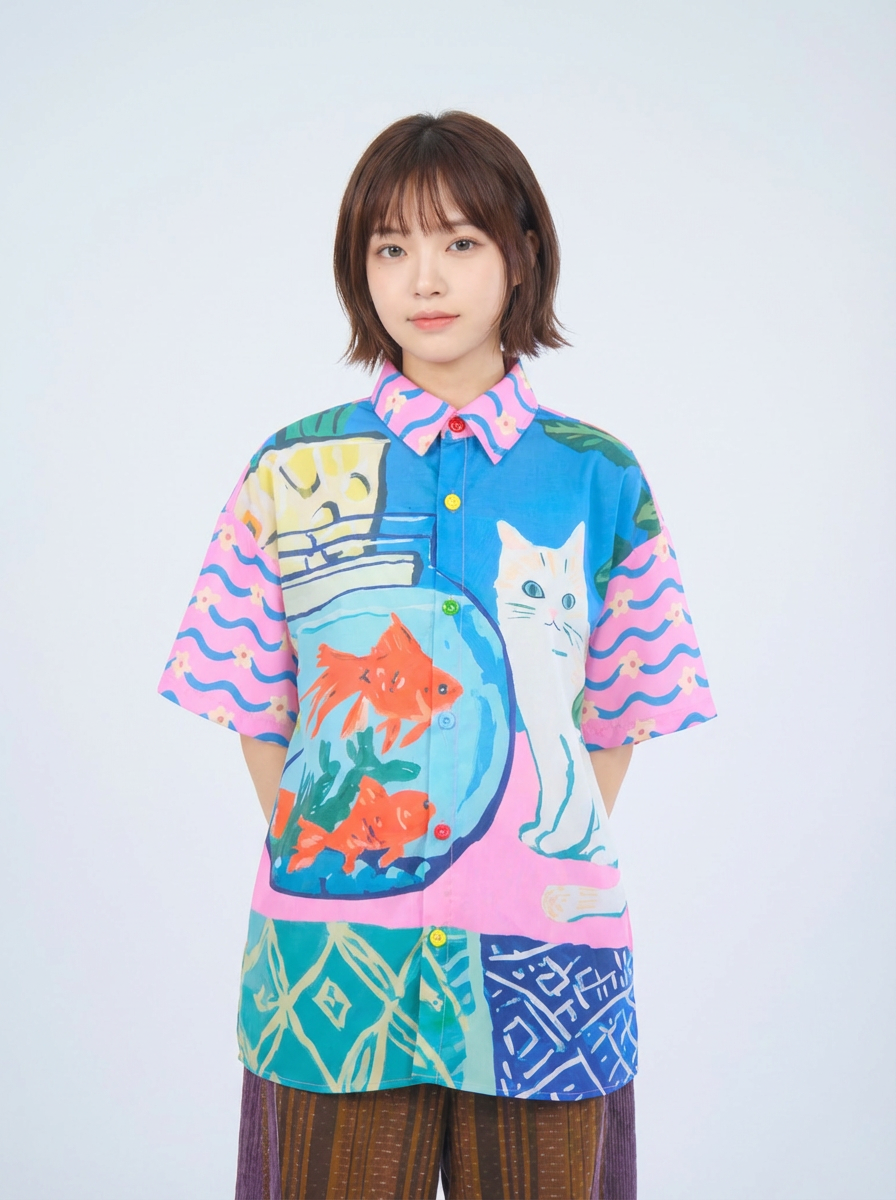 Retro Fishbowl Cat Shirt - MeowMeow Bug by Land Decora