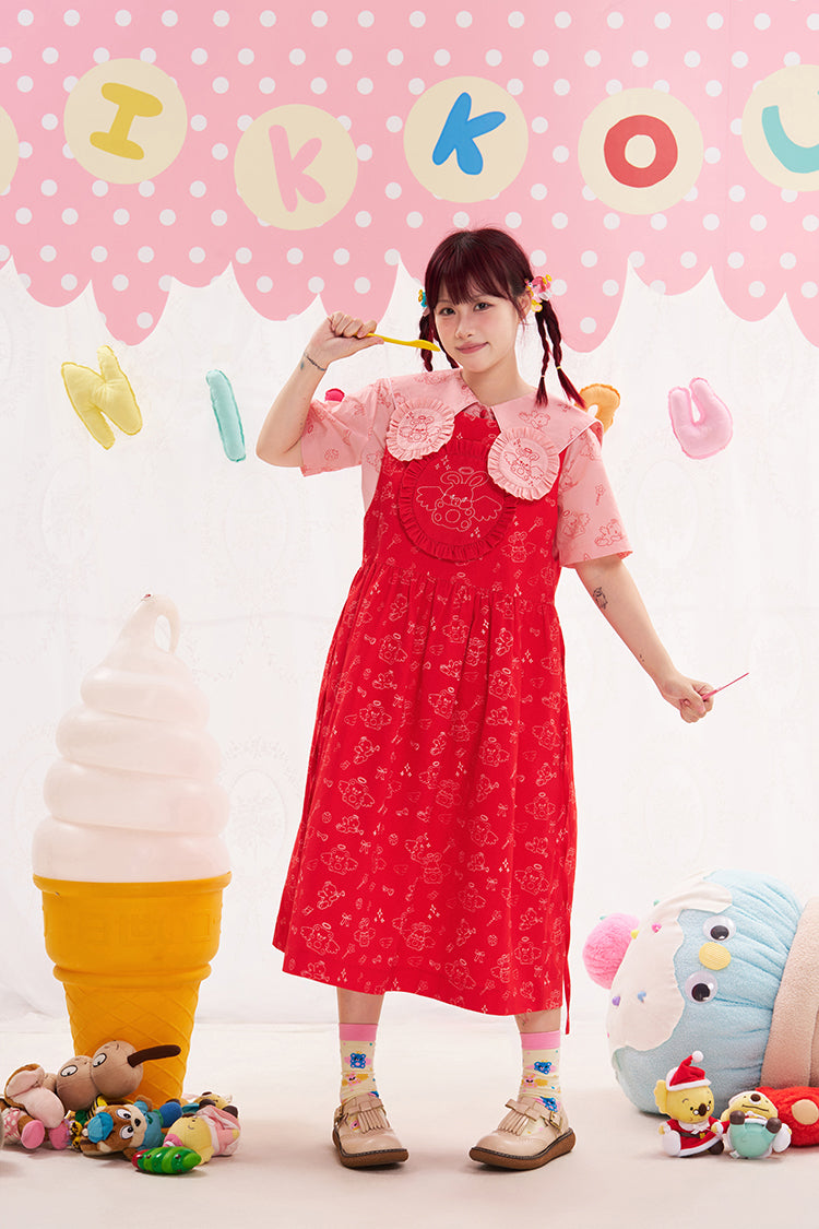 NIKKOU Pink & Red Sleeveless Jumper Dress | Harajuku Embroidered Dress by Land Decora