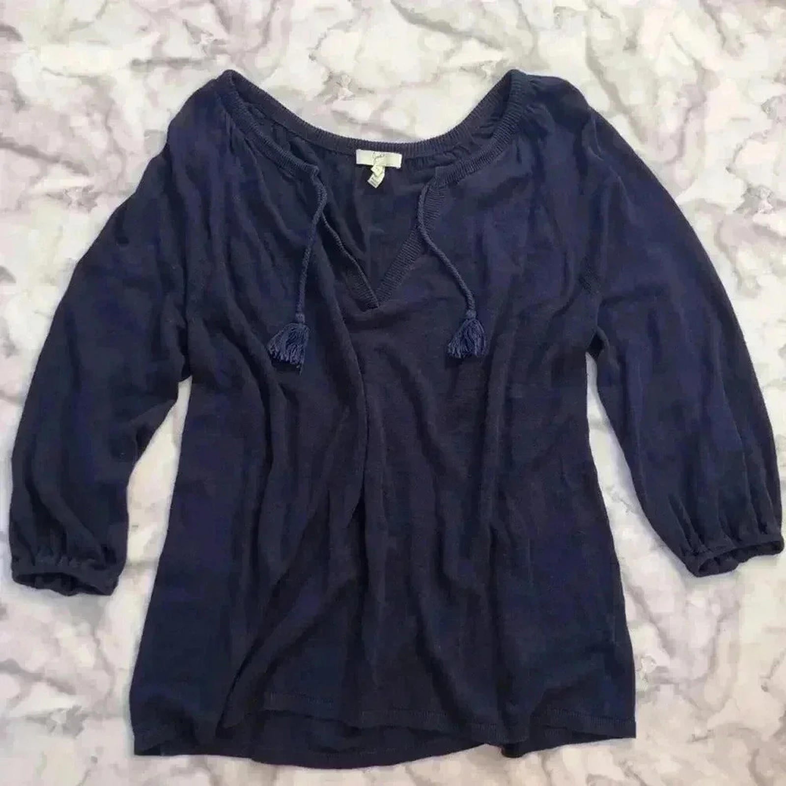 Joie Navy Blue Linen 3/4 Sleeve Blouse Summer Quiet Luxury Tassel Size by Hot Girl Secondhand