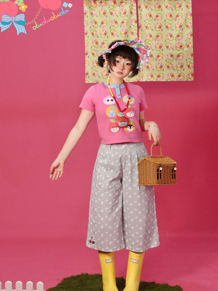 Kawaii Cropped Pants – Plaid Cherry Cutout – Lulululu by Land Decora