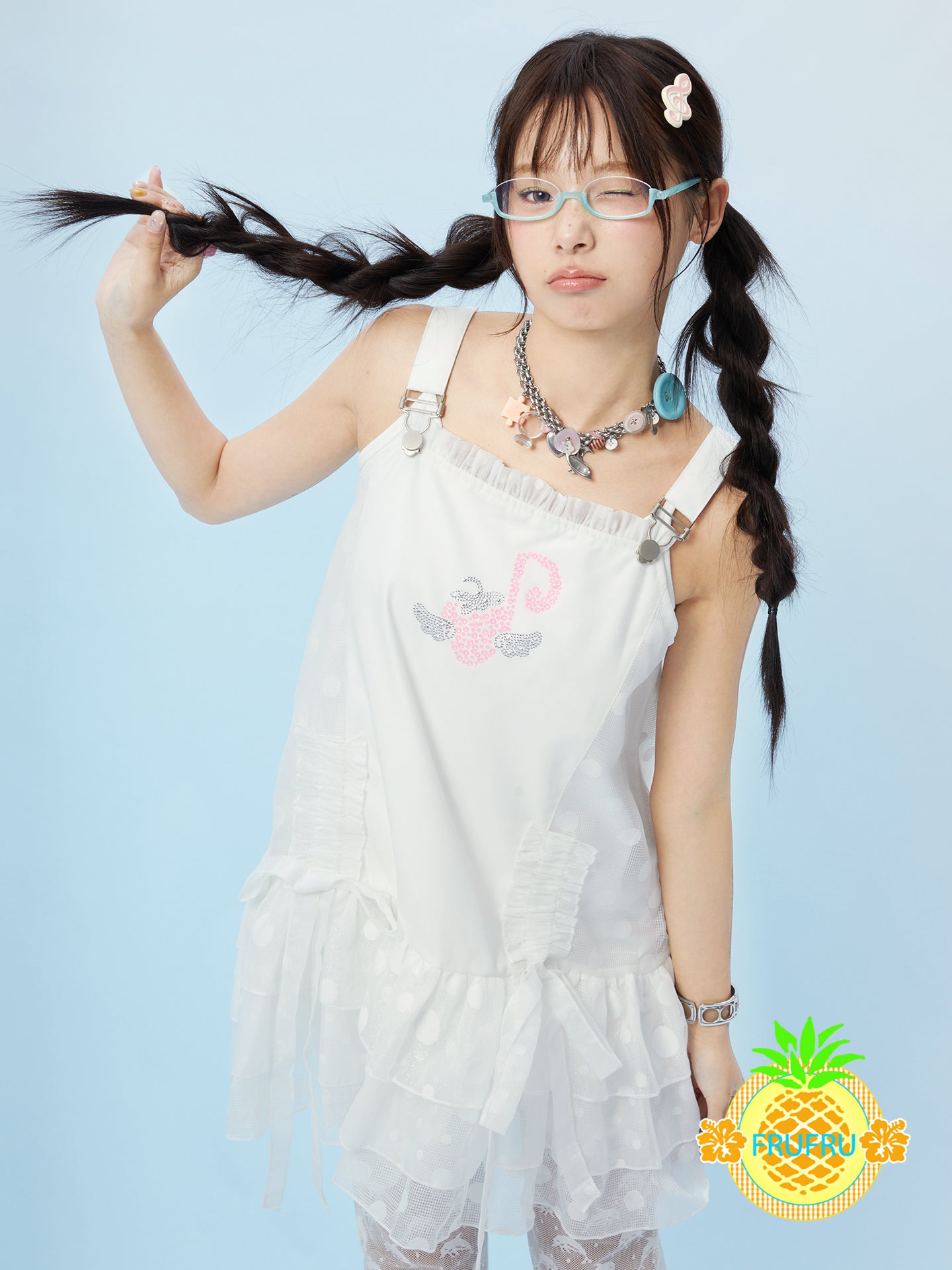 frufru - Summer Lace Loose Fit Rhinestone Slip Dress with Adjustable Straps by Land Decora