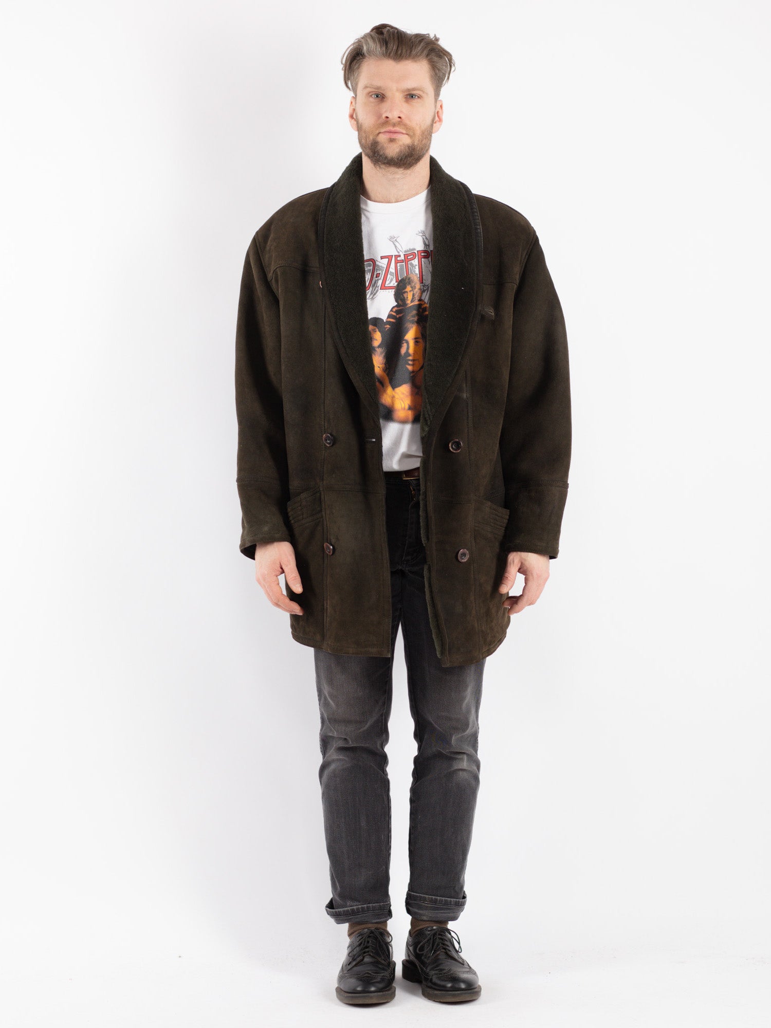 Vintage 80's Men Sheepskin Shearling Coat in Green by Northern Grip