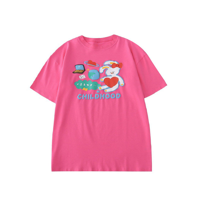 Heart Bunny Print Oversized T-Shirt Neon Pink Y2K by Land Decora