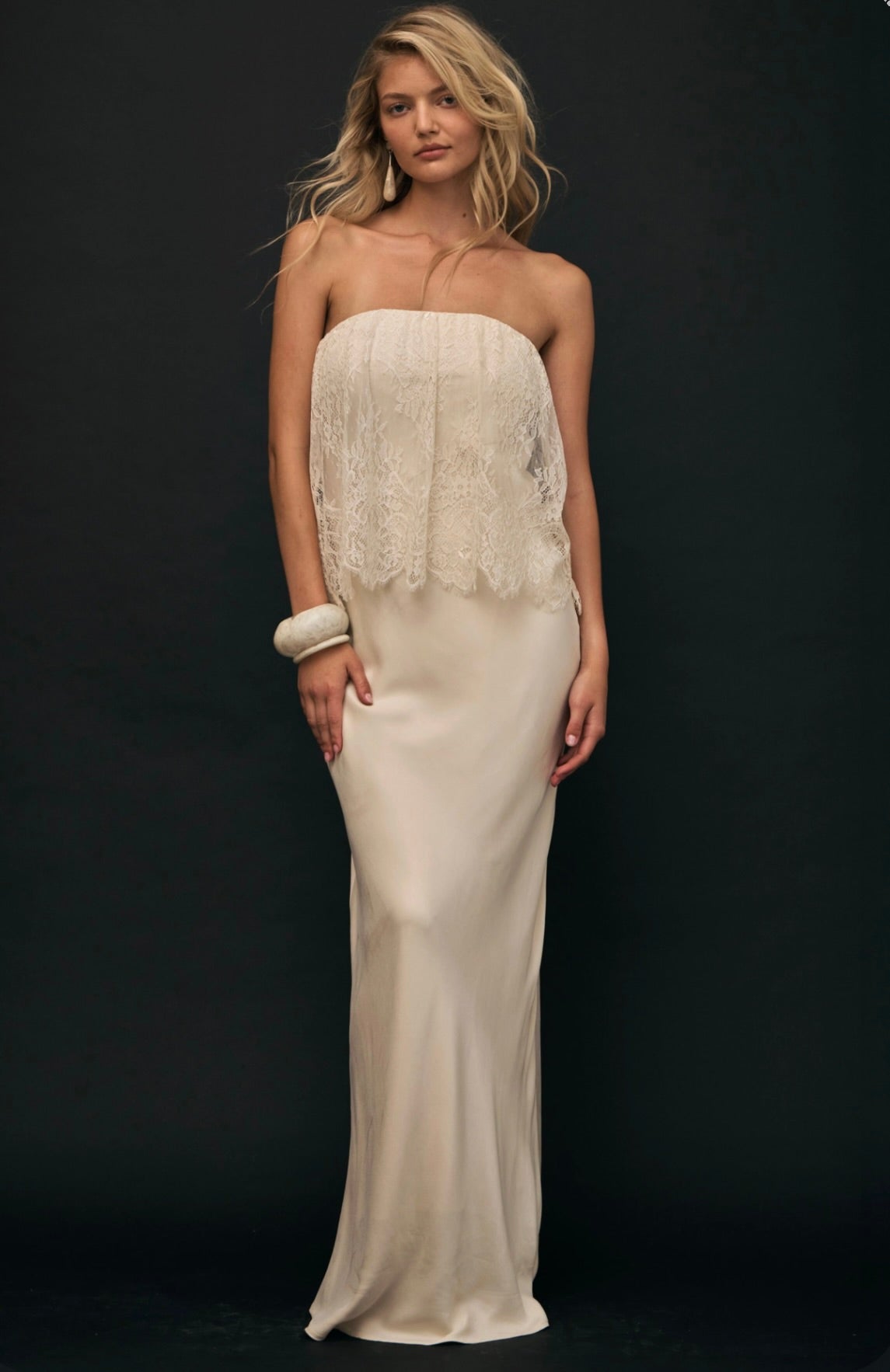 THIRD FORM Visions Lace Strapless Maxi Dress in Buttercream by Sierra Deene