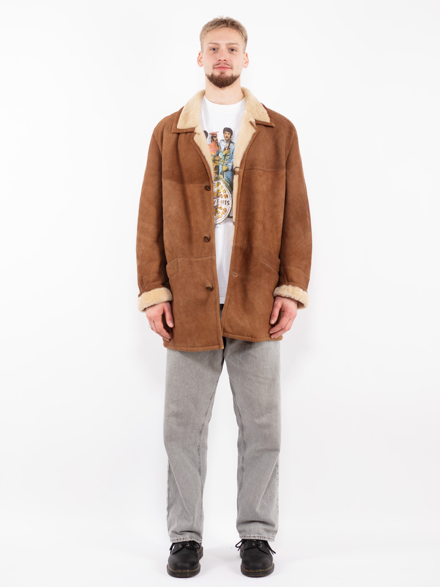 Vintage 90's Men Sheepskin Shearling Coat in Brown by Northern Grip
